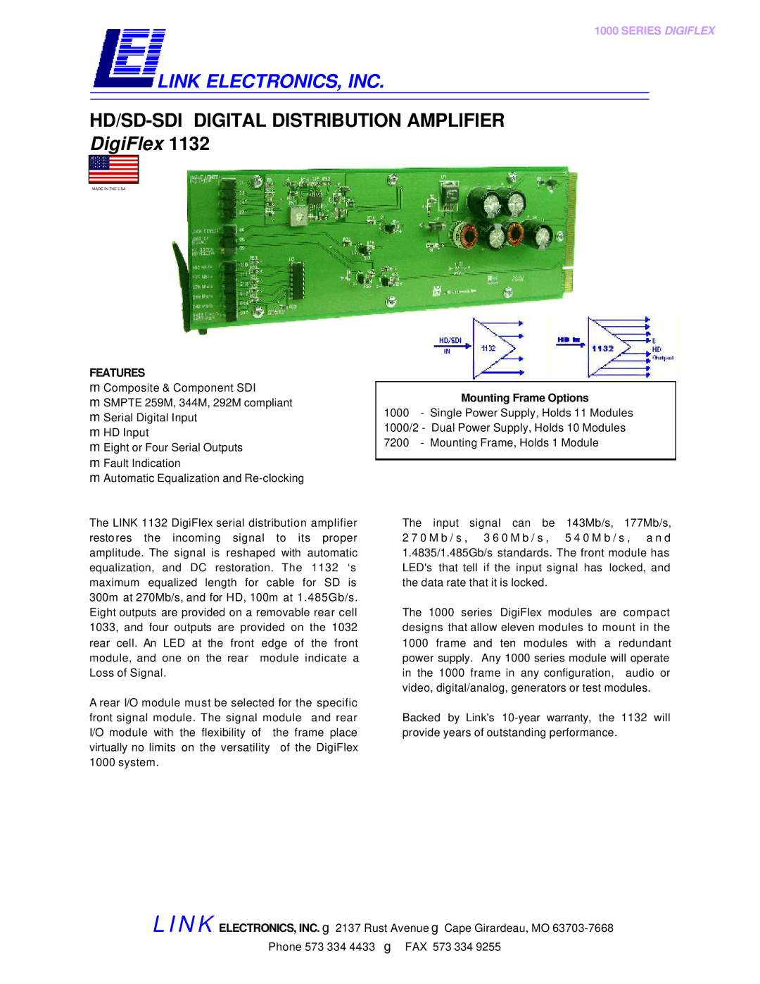 Link electronic DigiFlex 1132 warranty Link ELECTRONICS, INC, Features 