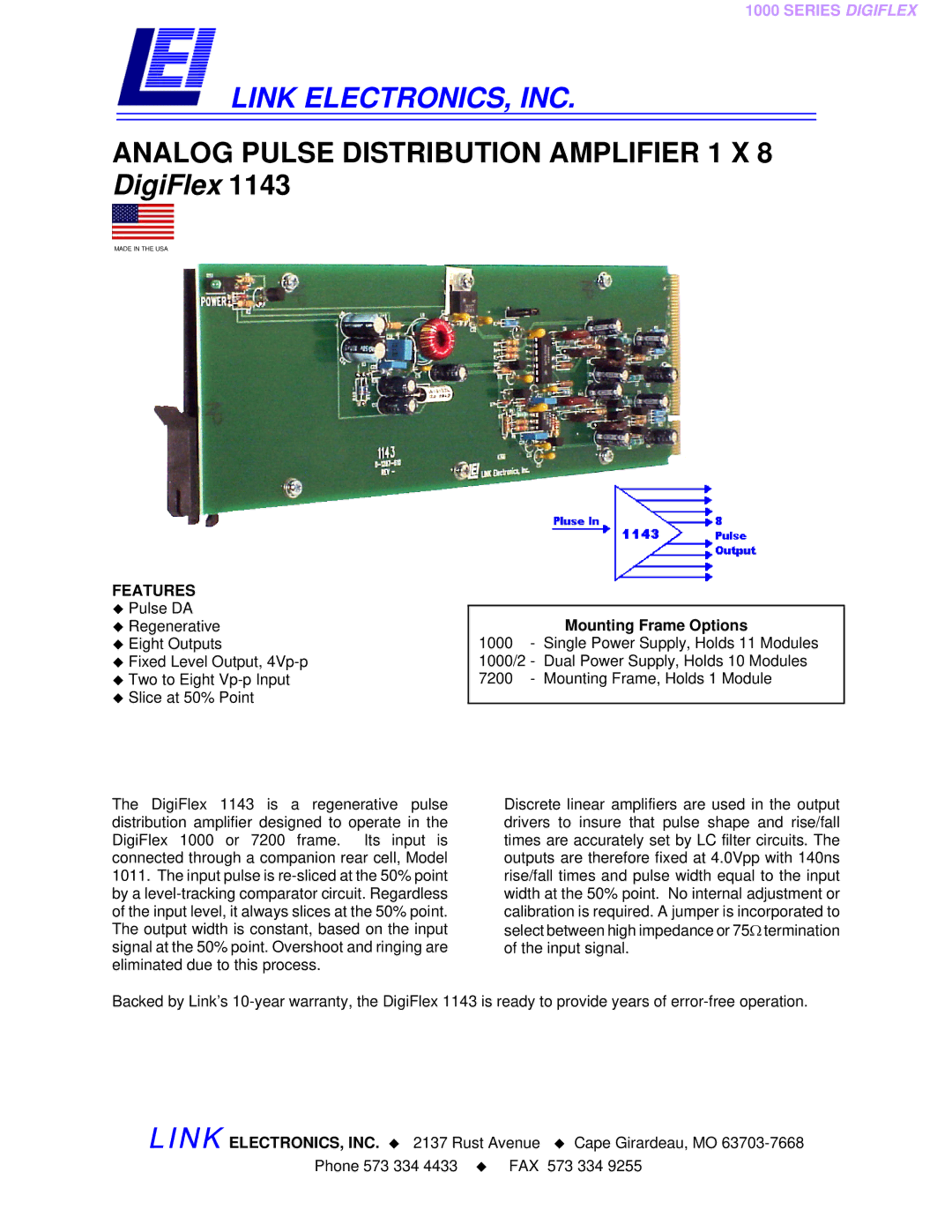 Link electronic DigiFlex 1143 warranty Link ELECTRONICS, INC, Features, Mounting Frame Options 