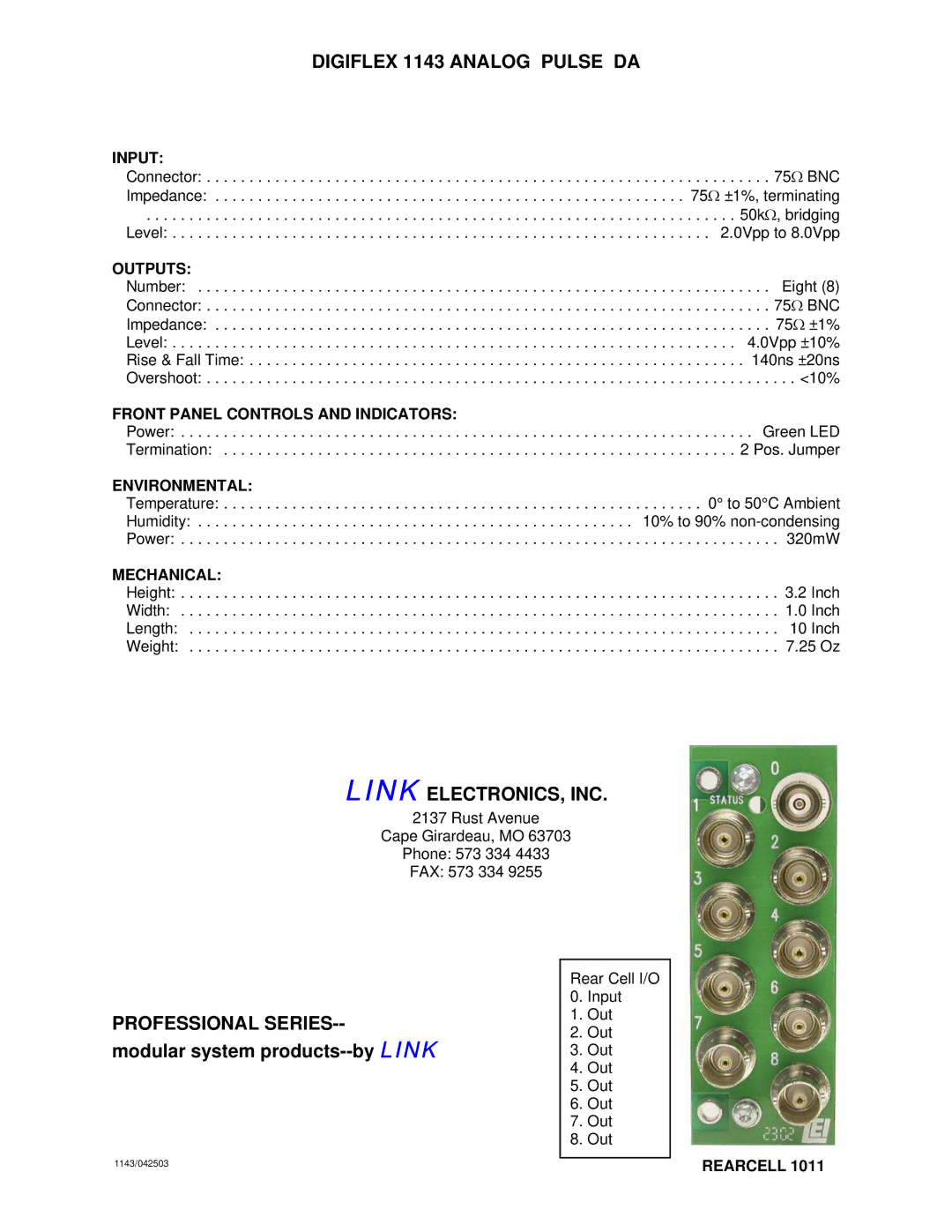 Link electronic DigiFlex 1143 warranty Digiflex 1143 Analog Pulse DA, Link ELECTRONICS, INC, Professional Series 