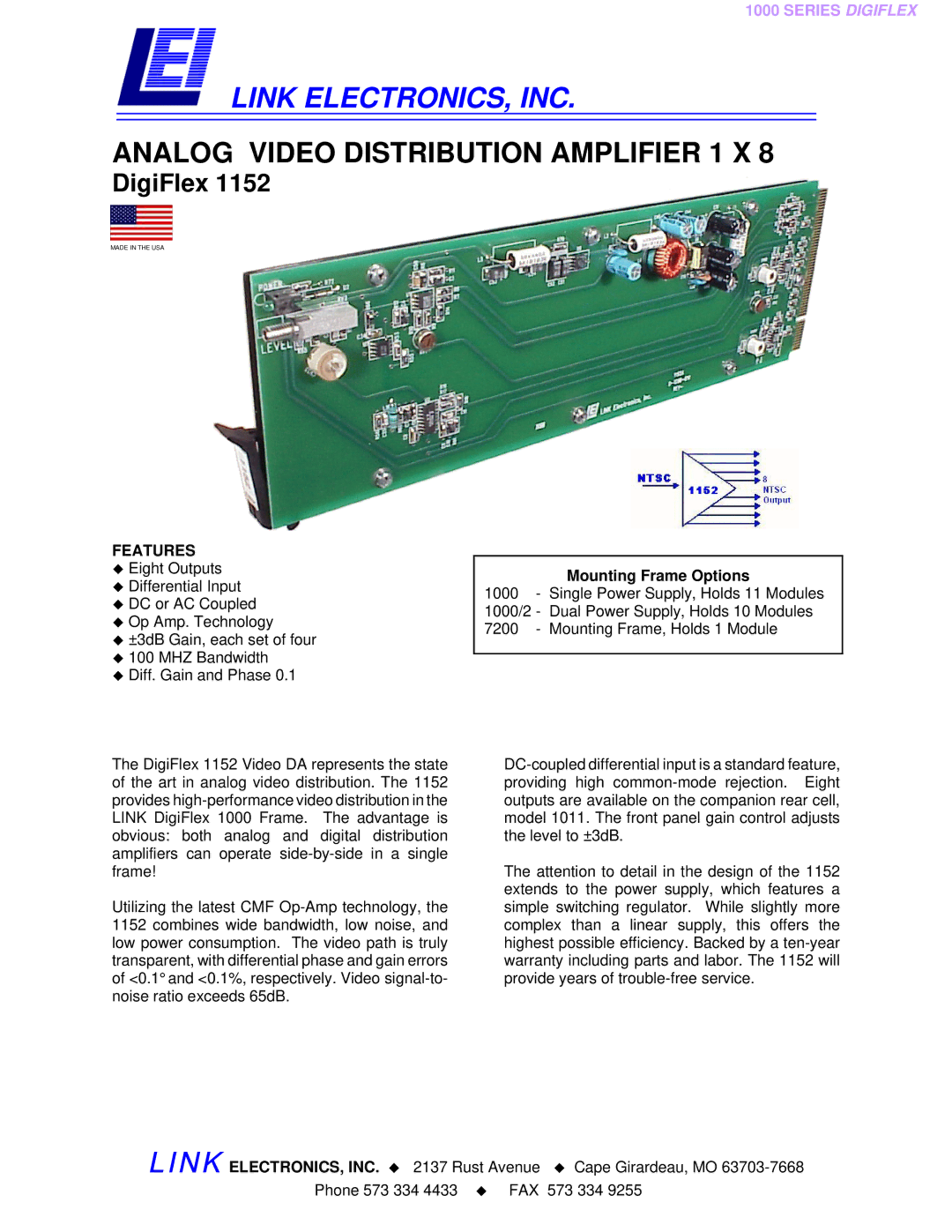 Link electronic DigiFlex 1152 warranty Link ELECTRONICS, INC, Features 