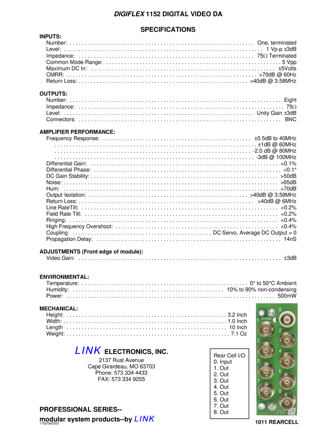 Link electronic DigiFlex 1152 warranty Inputs, Outputs, Mechanical, Rearcell 