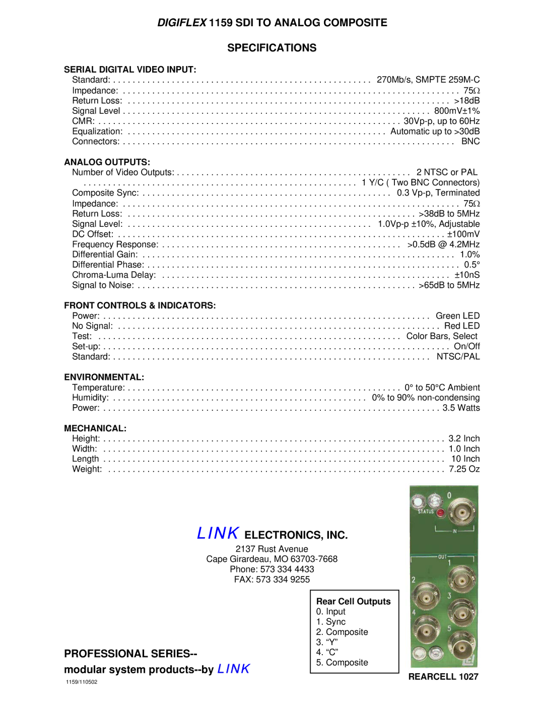 Link electronic DigiFlex 1159 manual Serial Digital Video Input, Analog Outputs, Front Controls & Indicators, Environmental 