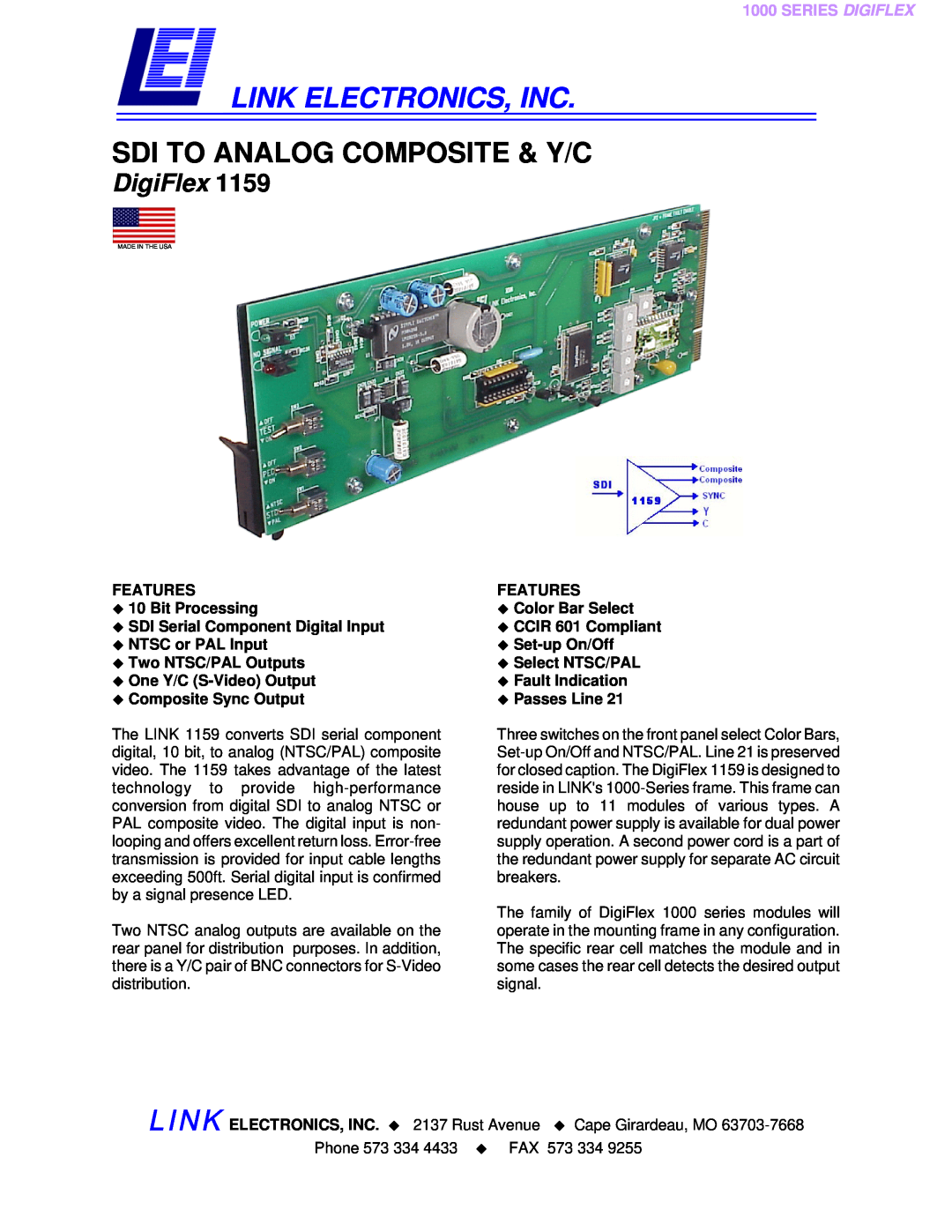 Link electronic DigiFlex 1159 manual FEATURES ‹ 10 Bit Processing ‹ SDI Serial Component Digital Input, Series Digiflex 