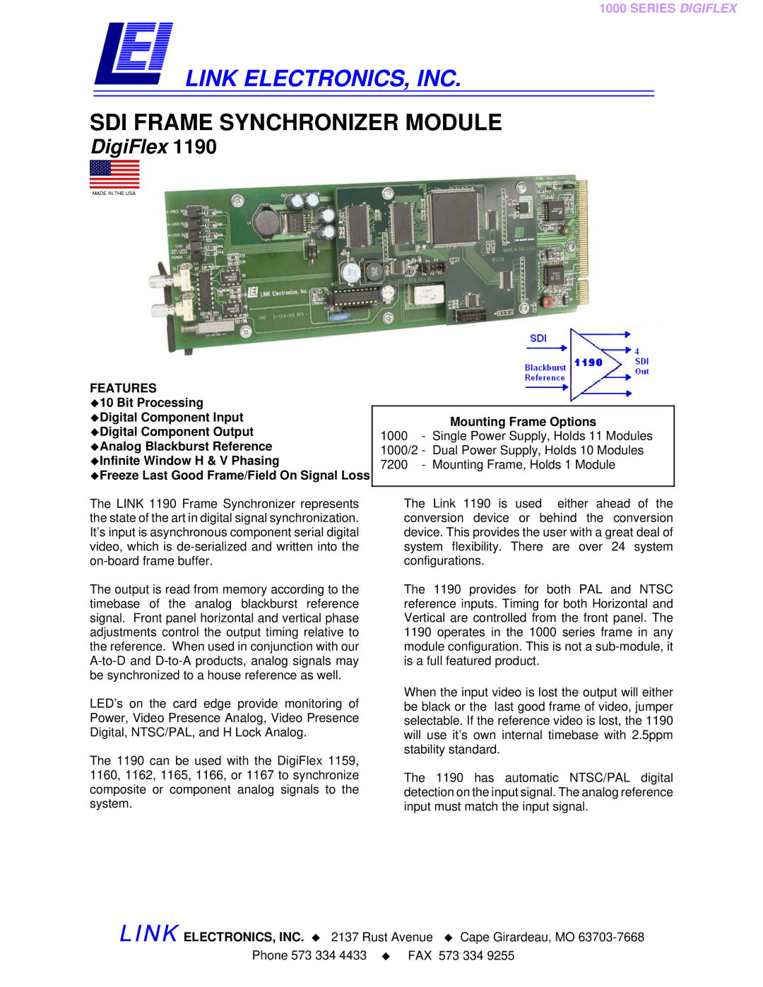 Link electronic DigiFlex 1190 manual Link ELECTRONICS, INC, SDI Frame Synchronizer Module, Features 