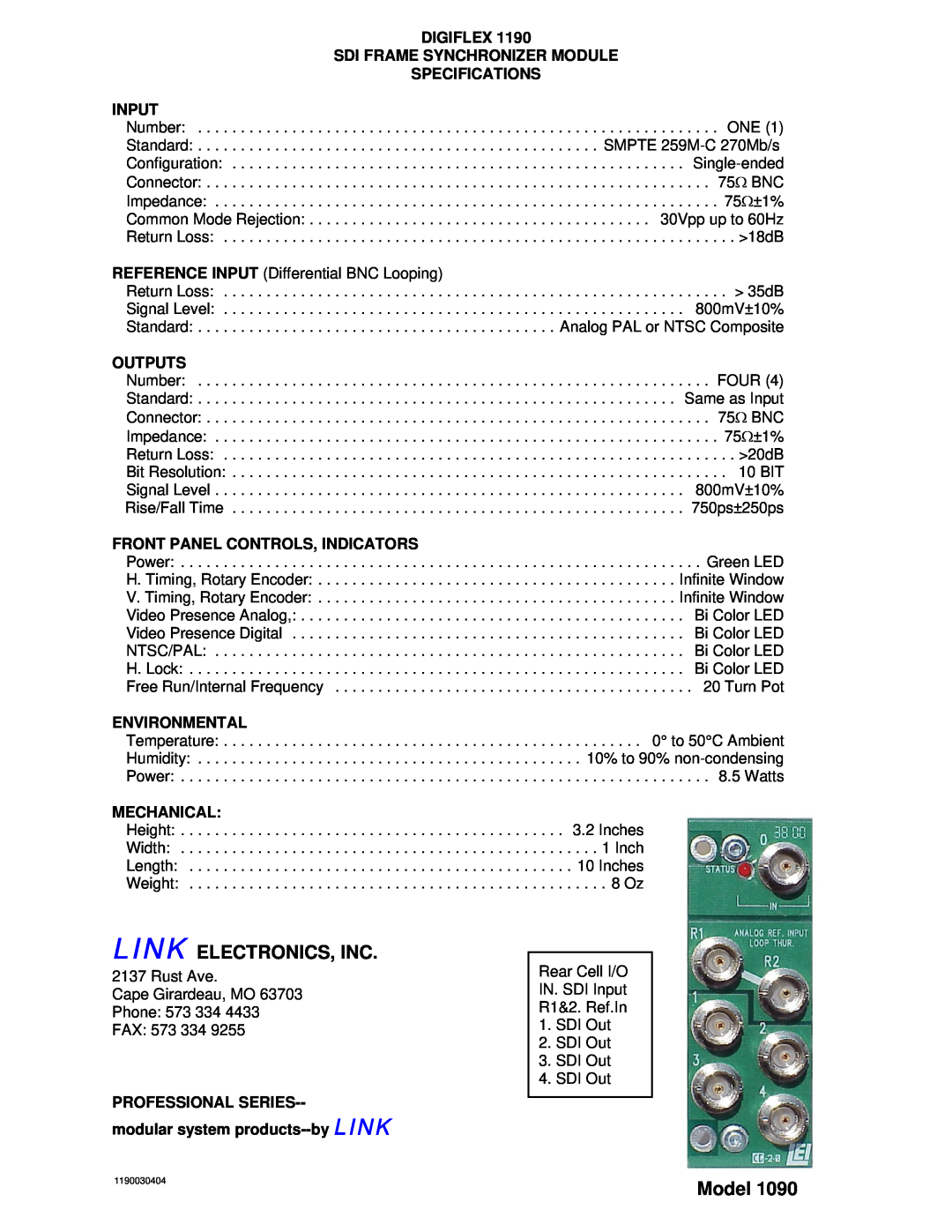 Link electronic DigiFlex 1190 Digiflex Sdi Frame Synchronizer Module Specifications Input, Outputs, Environmental, Model 