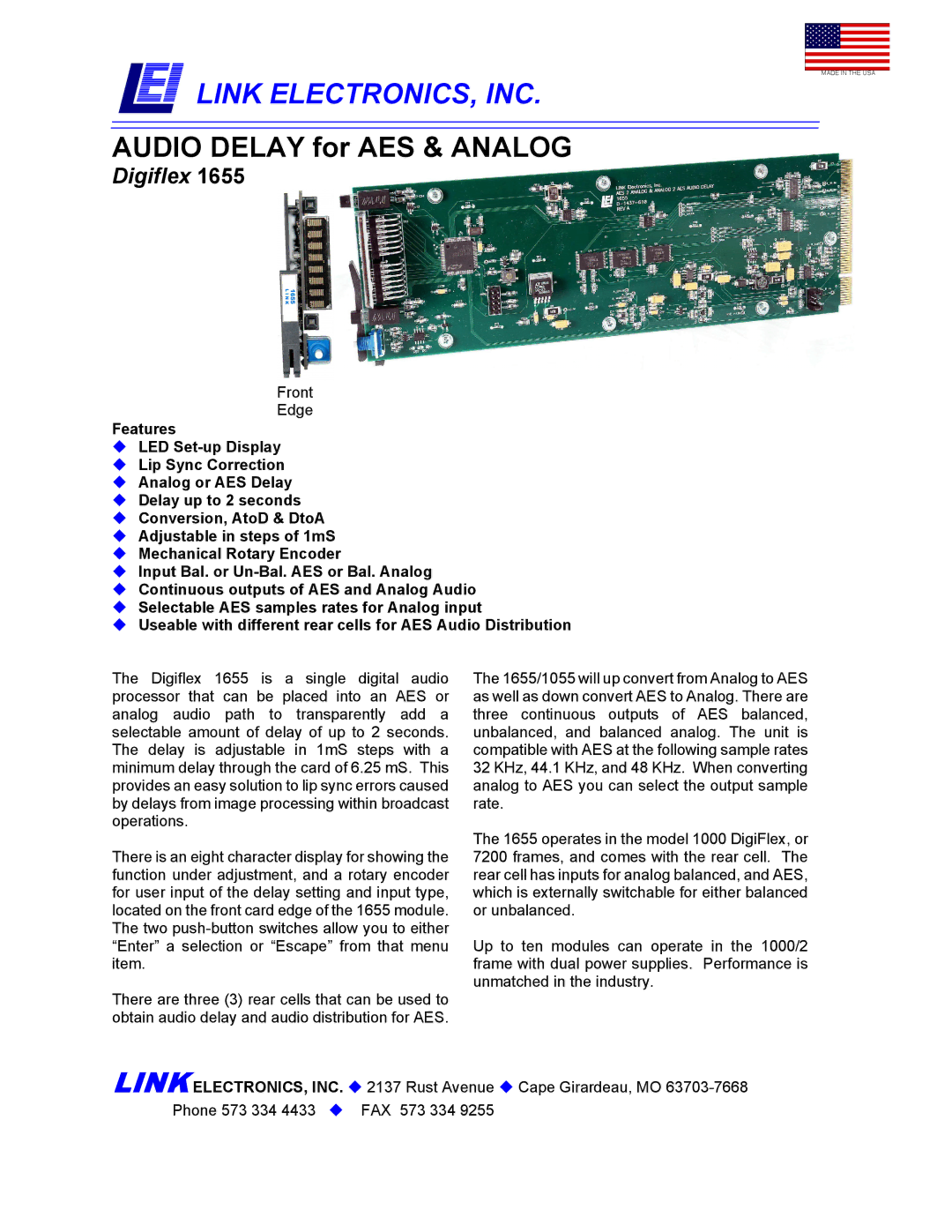 Link electronic Digiflex 1655 manual Link ELECTRONICS, INC, Audio Delay for AES & Analog 