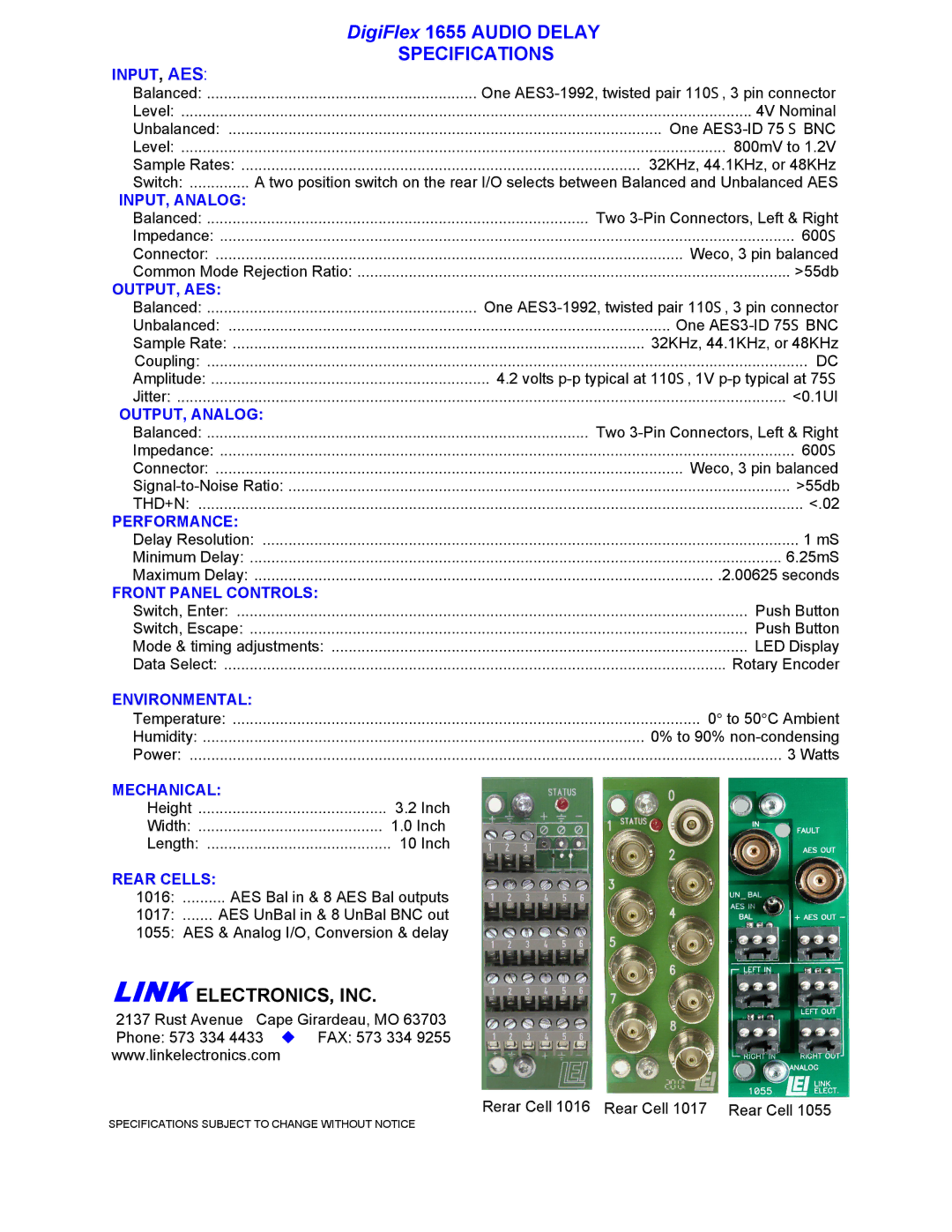 Link electronic Digiflex 1655 manual Specifications 