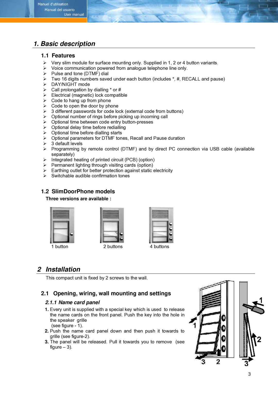 Link electronic Door phone manual Basic description, Installation, Features, SlimDoorPhone models 