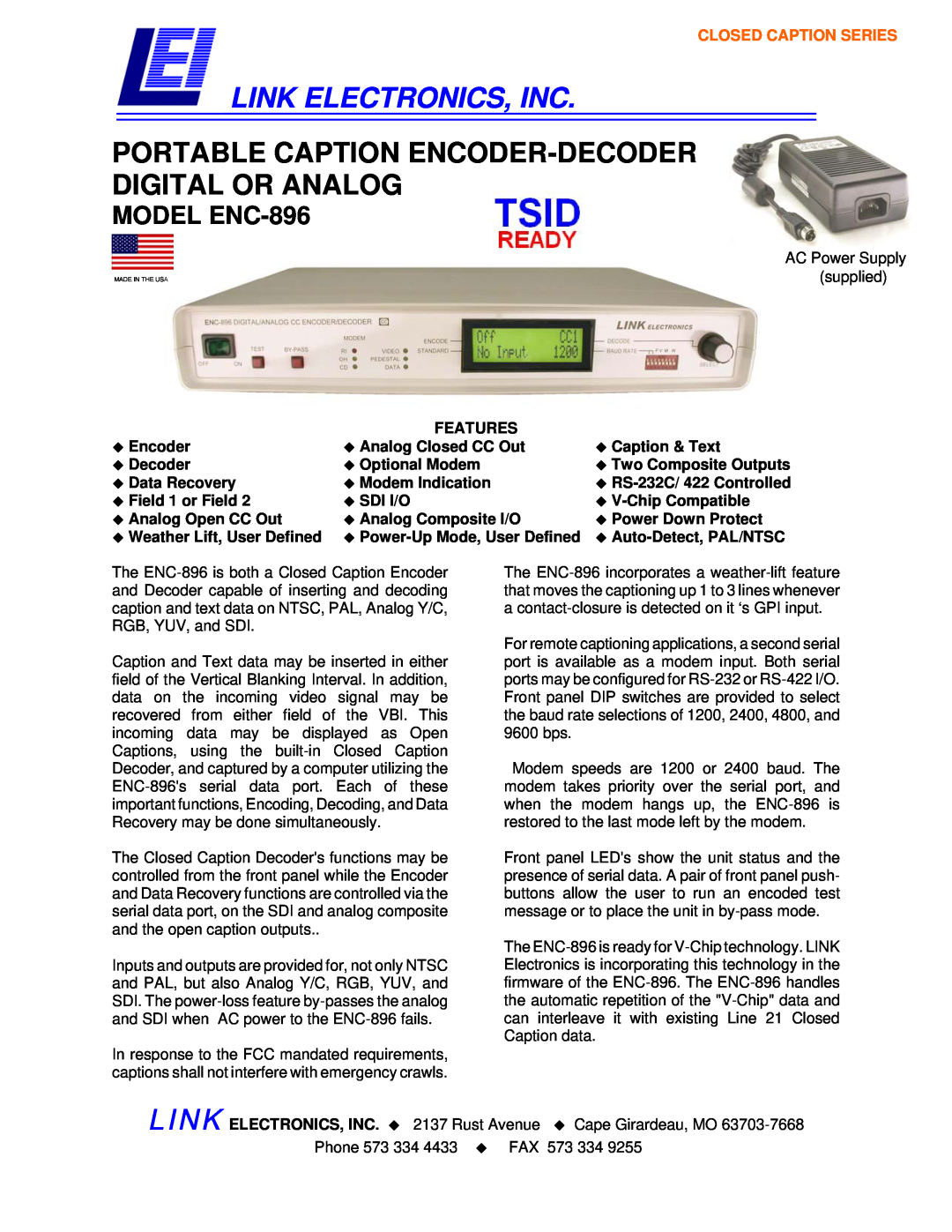 Link electronic manual Link Electronics, Inc, Portable Caption Encoder-Decoder Digital Or Analog, MODEL ENC-896 