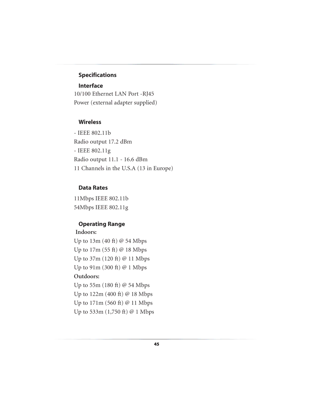 Link electronic GT701AP user manual Specifications Interface, Wireless, Data Rates, Operating Range 