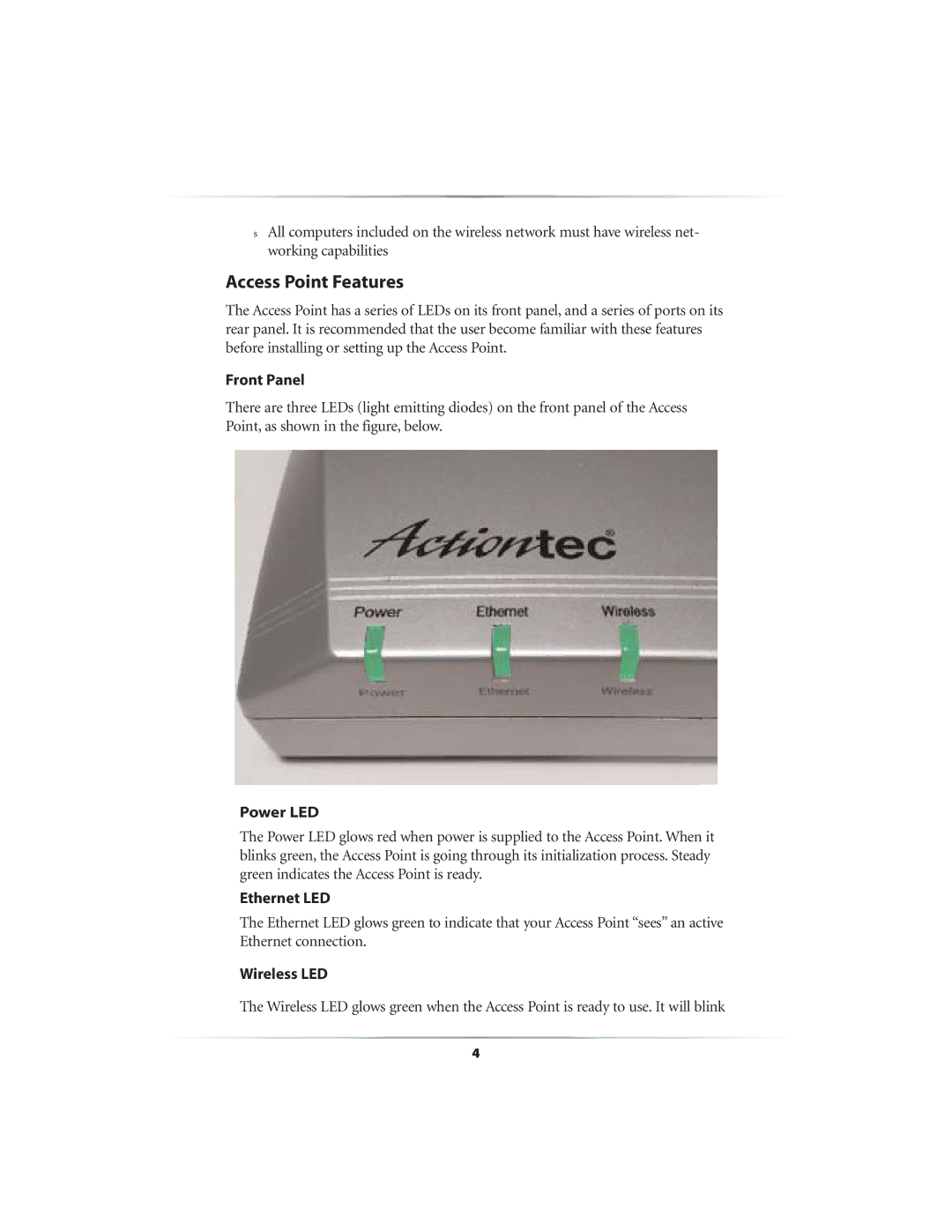 Link electronic GT701AP user manual Access Point Features, Front Panel, Power LED, Ethernet LED, Wireless LED 