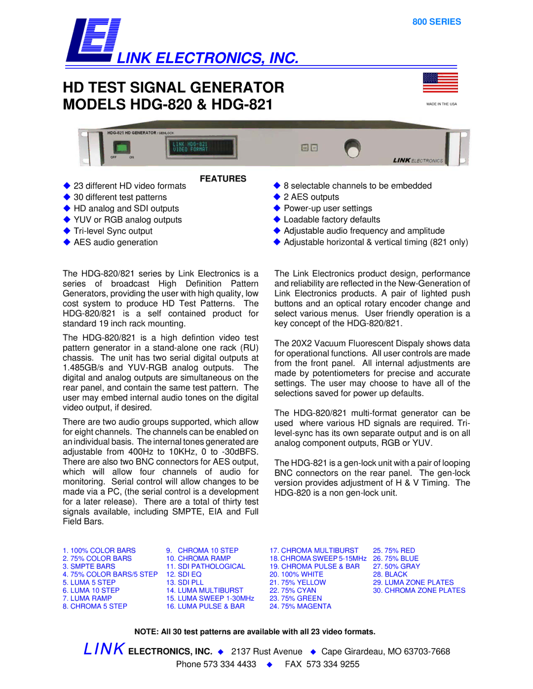 Link electronic manual Link ELECTRONICS, INC, HD Test Signal Generator Models HDG-820 & HDG-821, Series, Features 