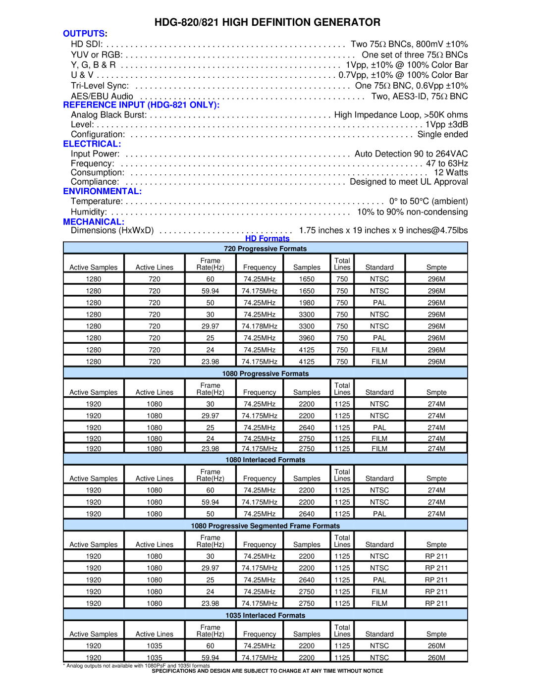 Link electronic HDG-821 manual HDG-820/821 High Definition Generator 