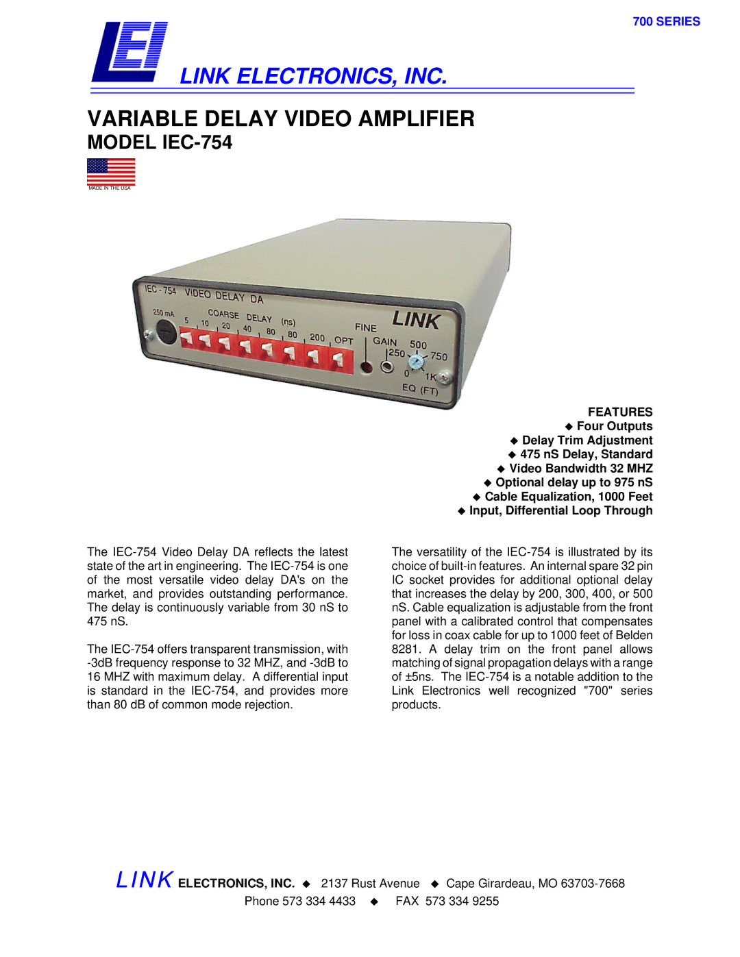 Link electronic manual Link ELECTRONICS, INC, Variable Delay Video Amplifier, Model IEC-754 