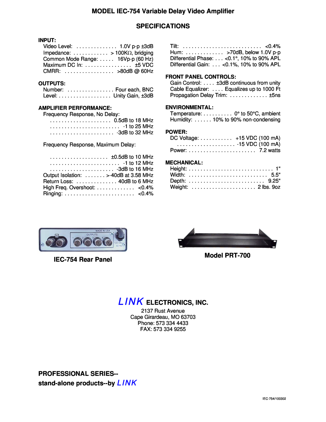 Link electronic IEC-754 Input, Outputs, AMPLIFIER PERFORMANCE Frequency Response, No Delay, Front Panel Controls, Power 