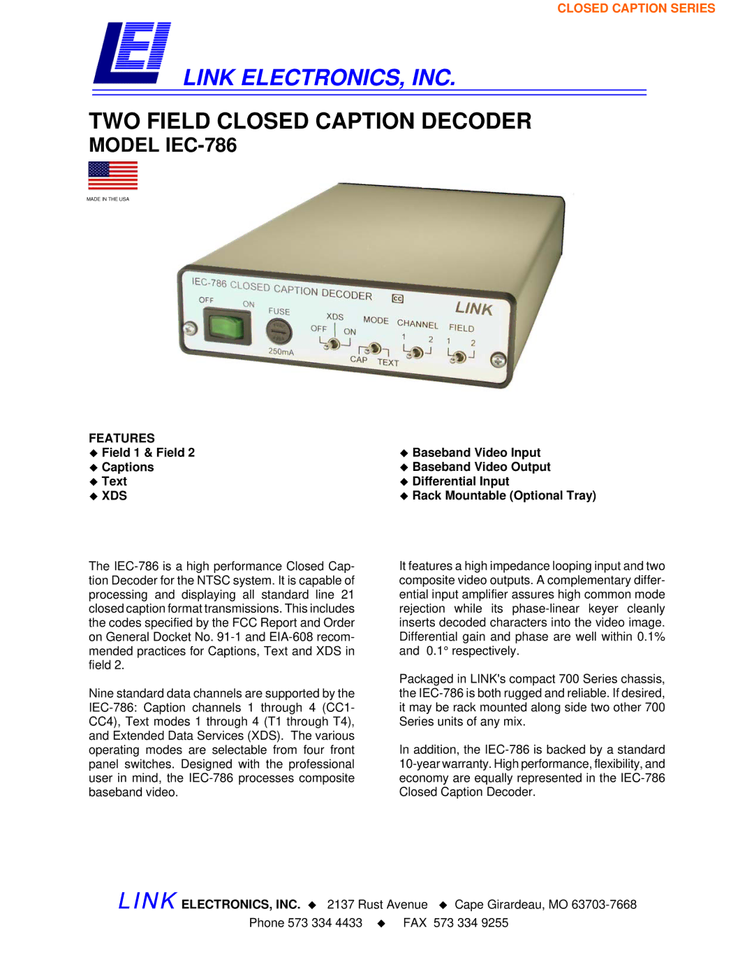 Link electronic warranty Link ELECTRONICS, INC, TWO Field Closed Caption Decoder, Model IEC-786, Features, ‹ Xds 