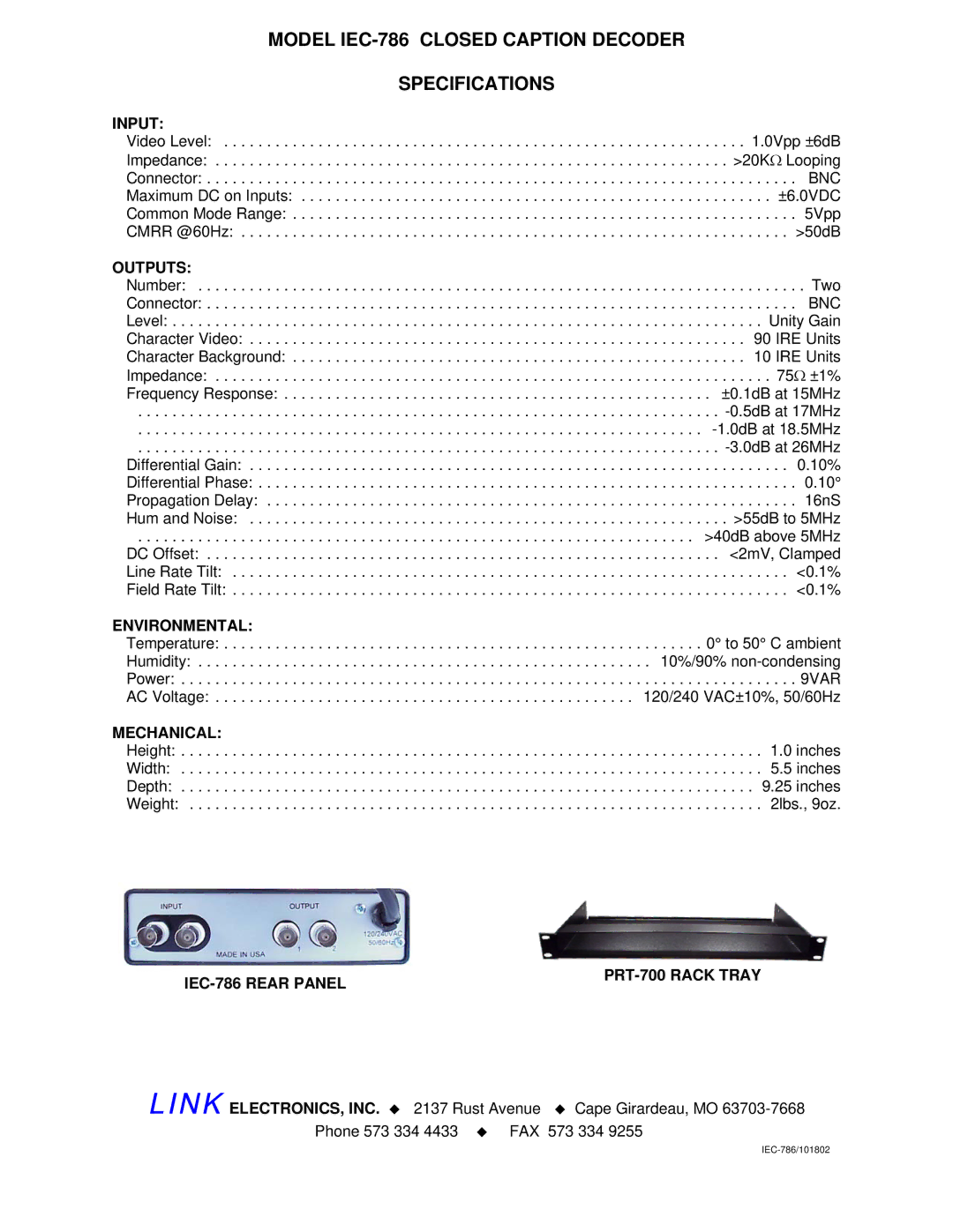 Link electronic warranty Model IEC-786 Closed Caption Decoder Specifications 