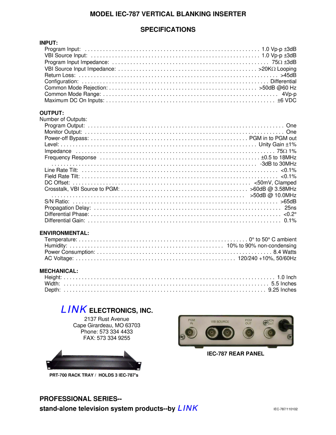 Link electronic Model IEC-787 Vertical Blanking Inserter Specifications, Link ELECTRONICS, INC, Professional Series 