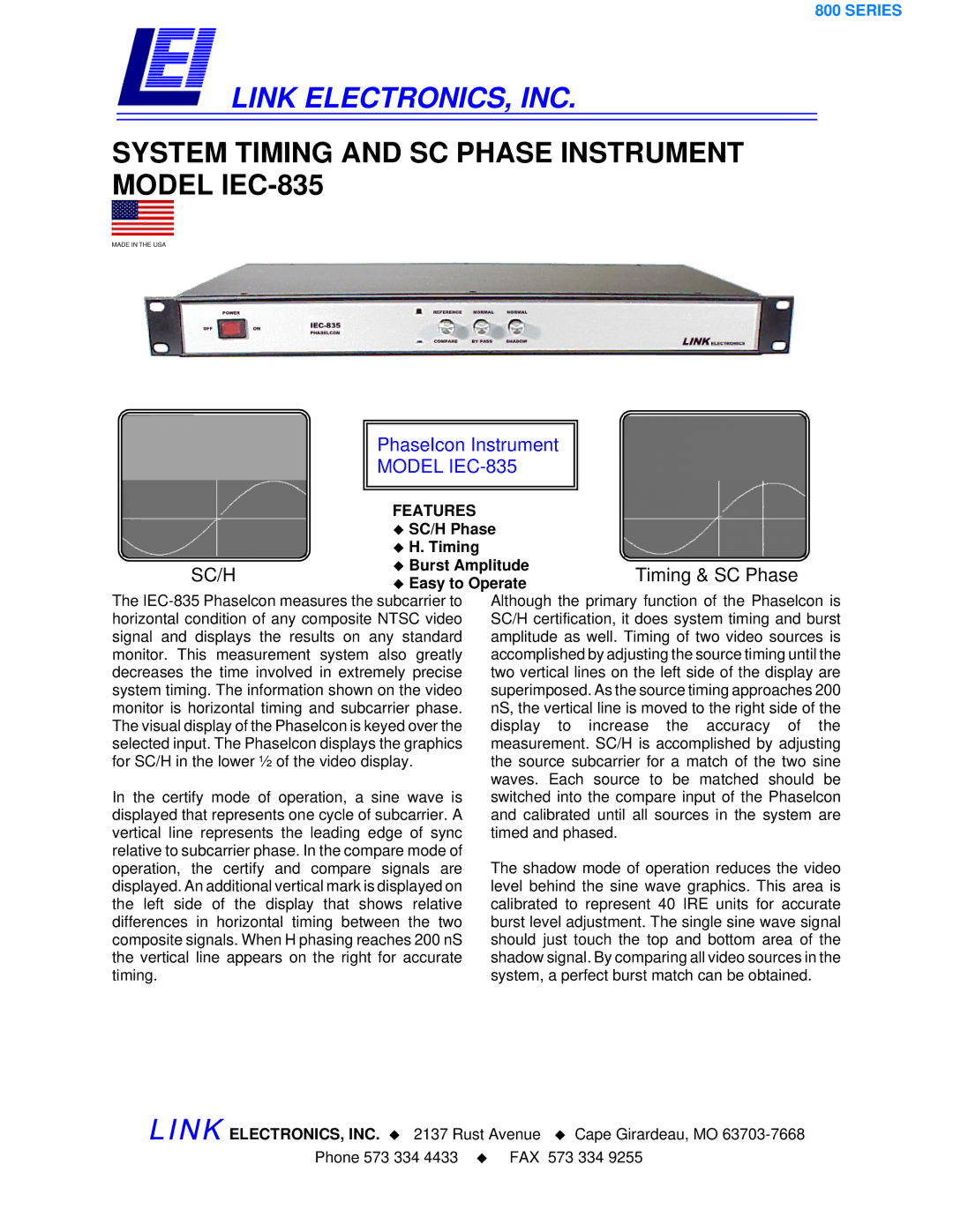 Link electronic IEC-835 manual Link ELECTRONICS, INC, Features 