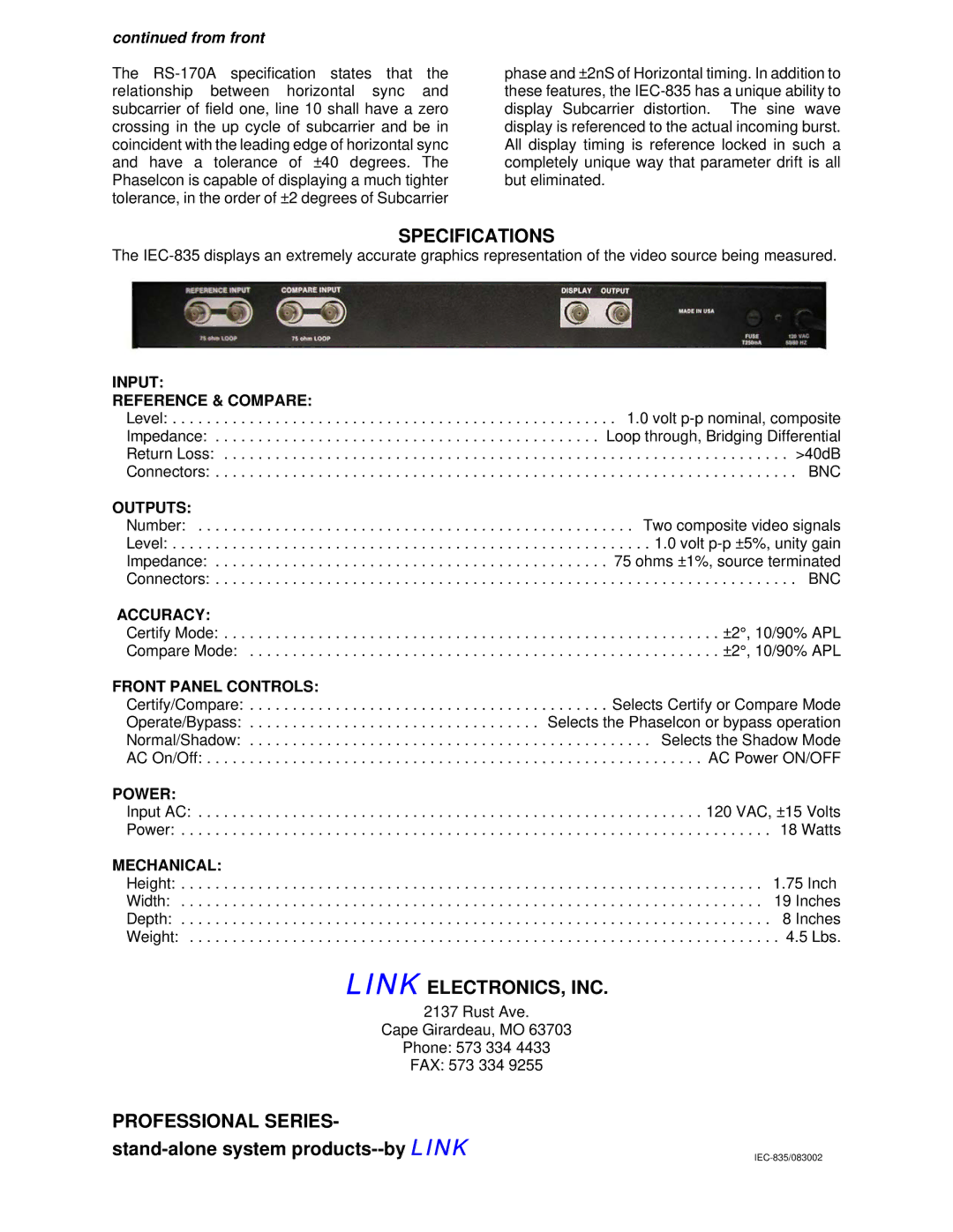 Link electronic IEC-835 manual Input Reference & Compare, Outputs, Accuracy, Front Panel Controls, Power, Mechanical 