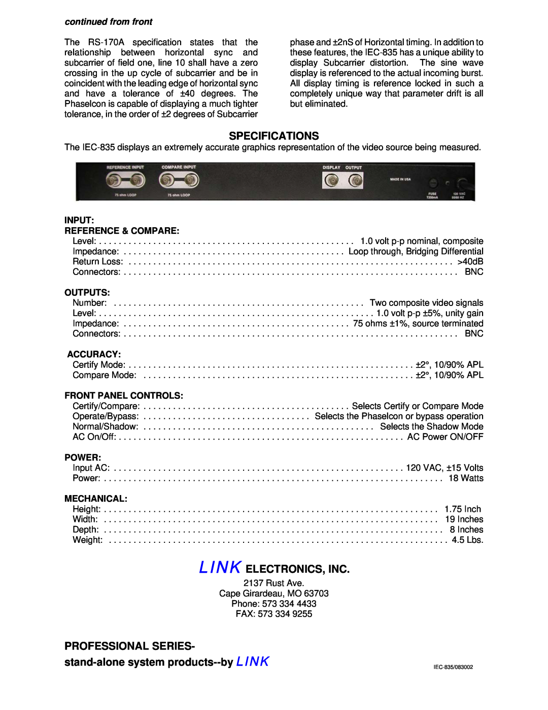 Link electronic IEC-835 manual Input Reference & Compare, Outputs, Accuracy, Front Panel Controls, Power, Mechanical 