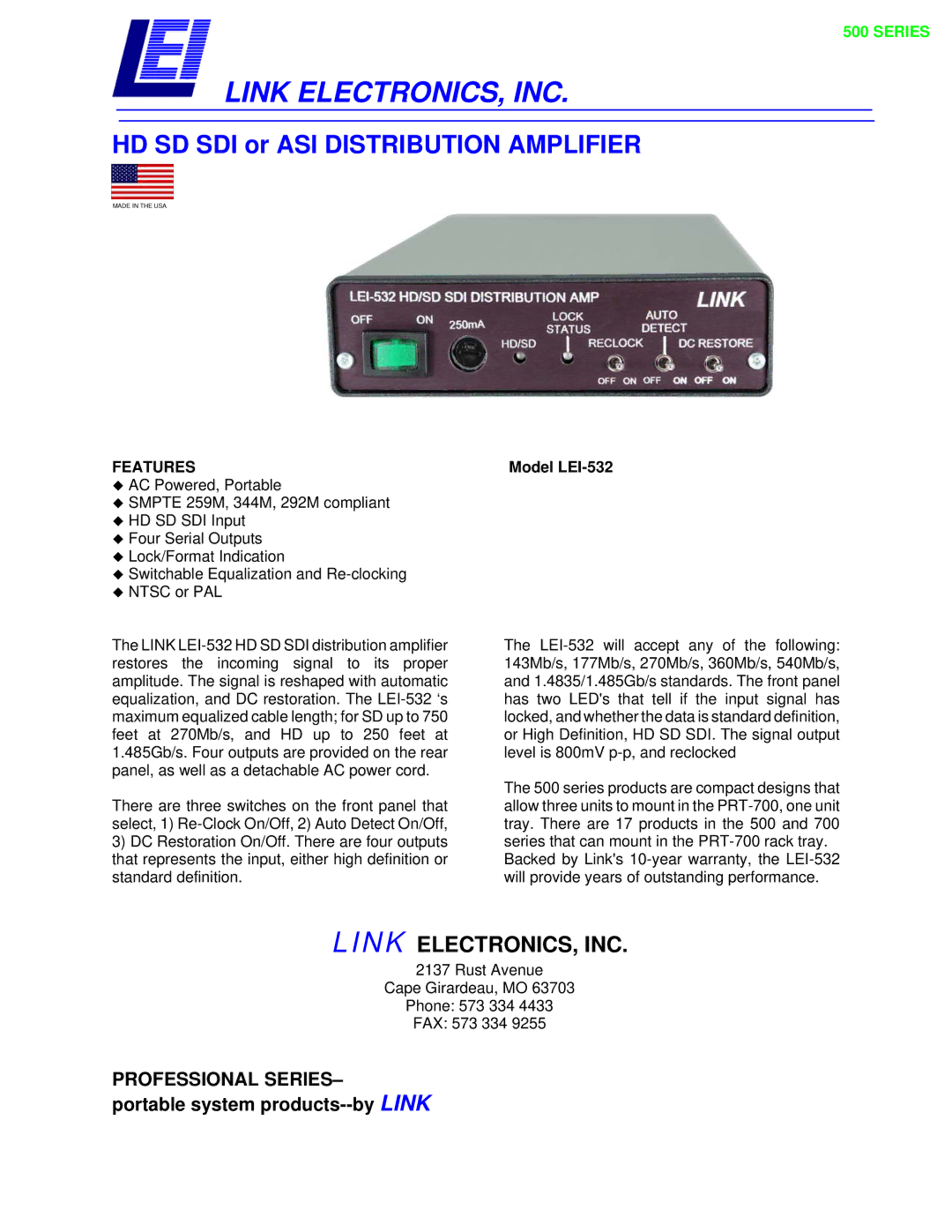 Link electronic LEI-532 warranty Link ELECTRONICS, INC, Features 