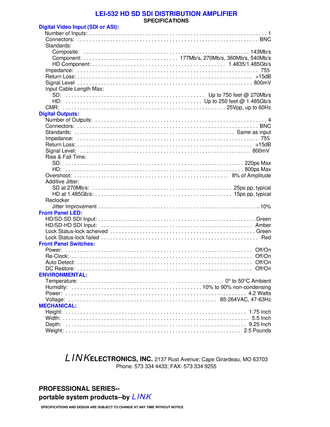 Link electronic LEI-532 warranty Specifications, Environmental, Mechanical 