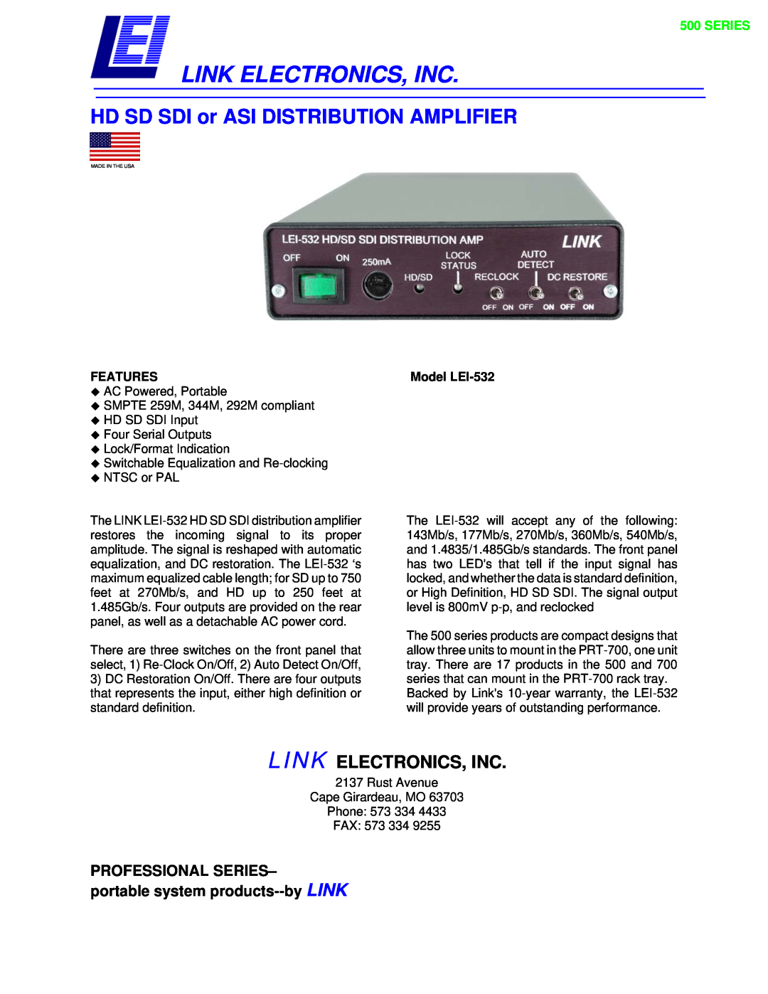 Link electronic warranty Professional Series, portable system products--by LINK, Features, Model LEI-532 