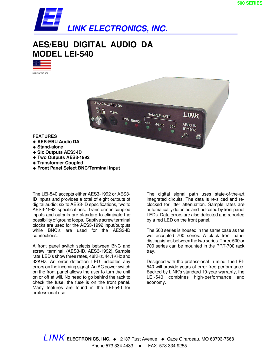 Link electronic specifications Link ELECTRONICS, INC, AES/EBU Digital Audio DA Model LEI-540, Features 