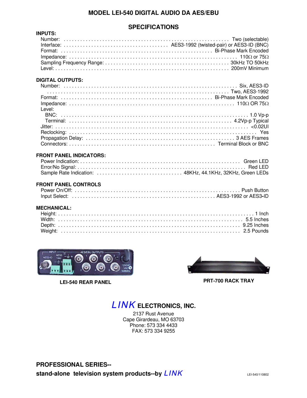 Link electronic Model LEI-540 Digital Audio DA AES/EBU Specifications, Link ELECTRONICS, INC, Professional Series 