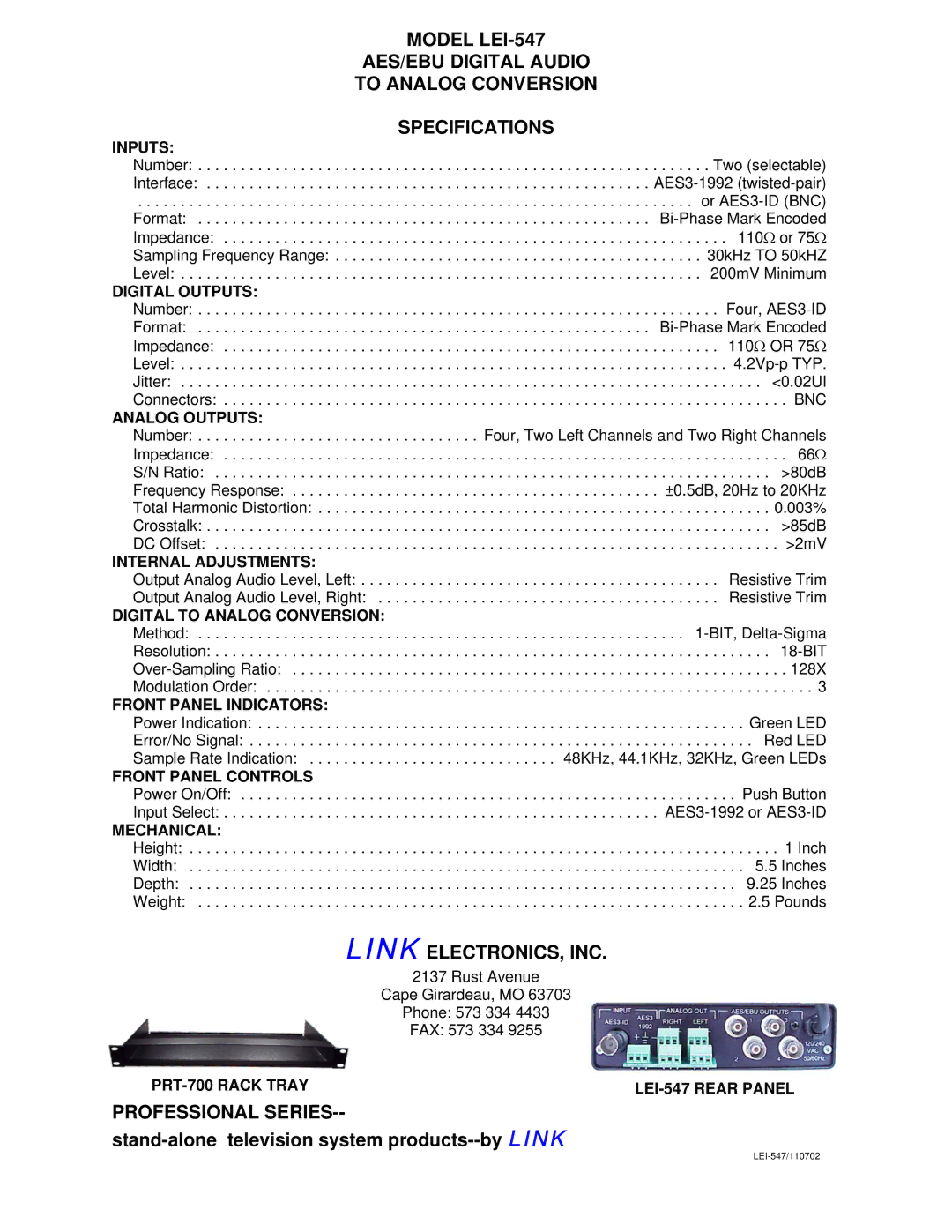 Link electronic LEI-547 Inputs, Digital Outputs, Analog Outputs, Internal Adjustments, Digital to Analog Conversion 