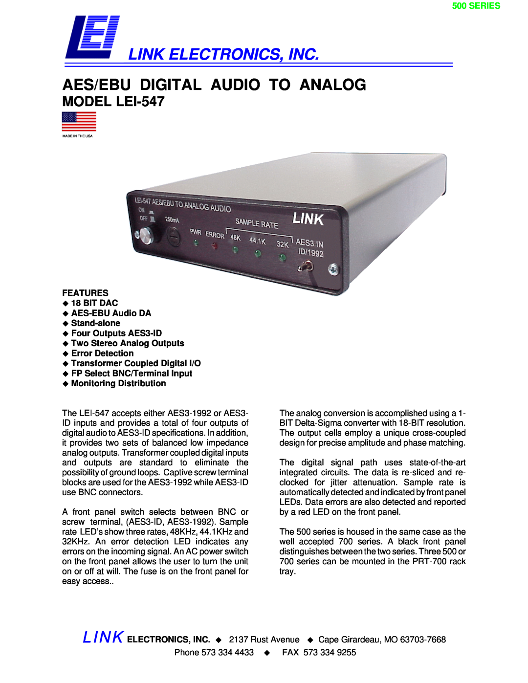Link electronic specifications Link Electronics, Inc, Aes/Ebu Digital Audio To Analog, MODEL LEI-547, Series 