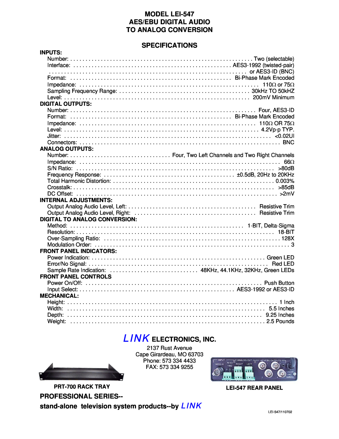 Link electronic MODEL LEI-547 AES/EBU DIGITAL AUDIO TO ANALOG CONVERSION, Specifications, Link Electronics, Inc 