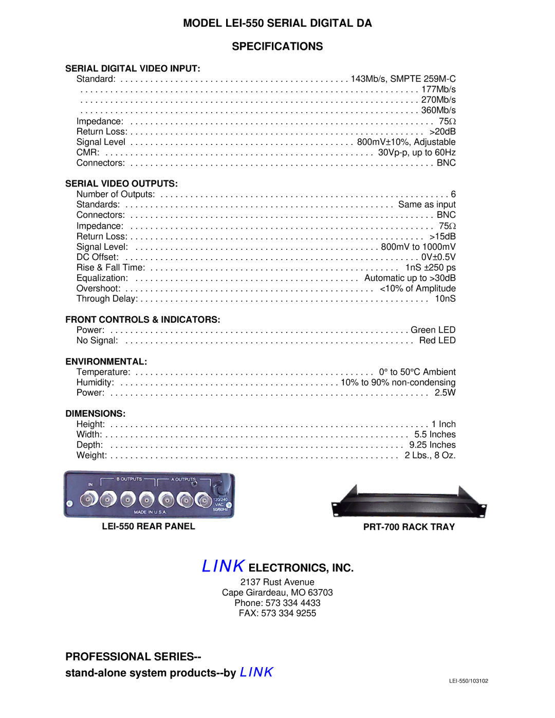 Link electronic manual Model LEI-550 Serial Digital DA Specifications, Link ELECTRONICS, INC 