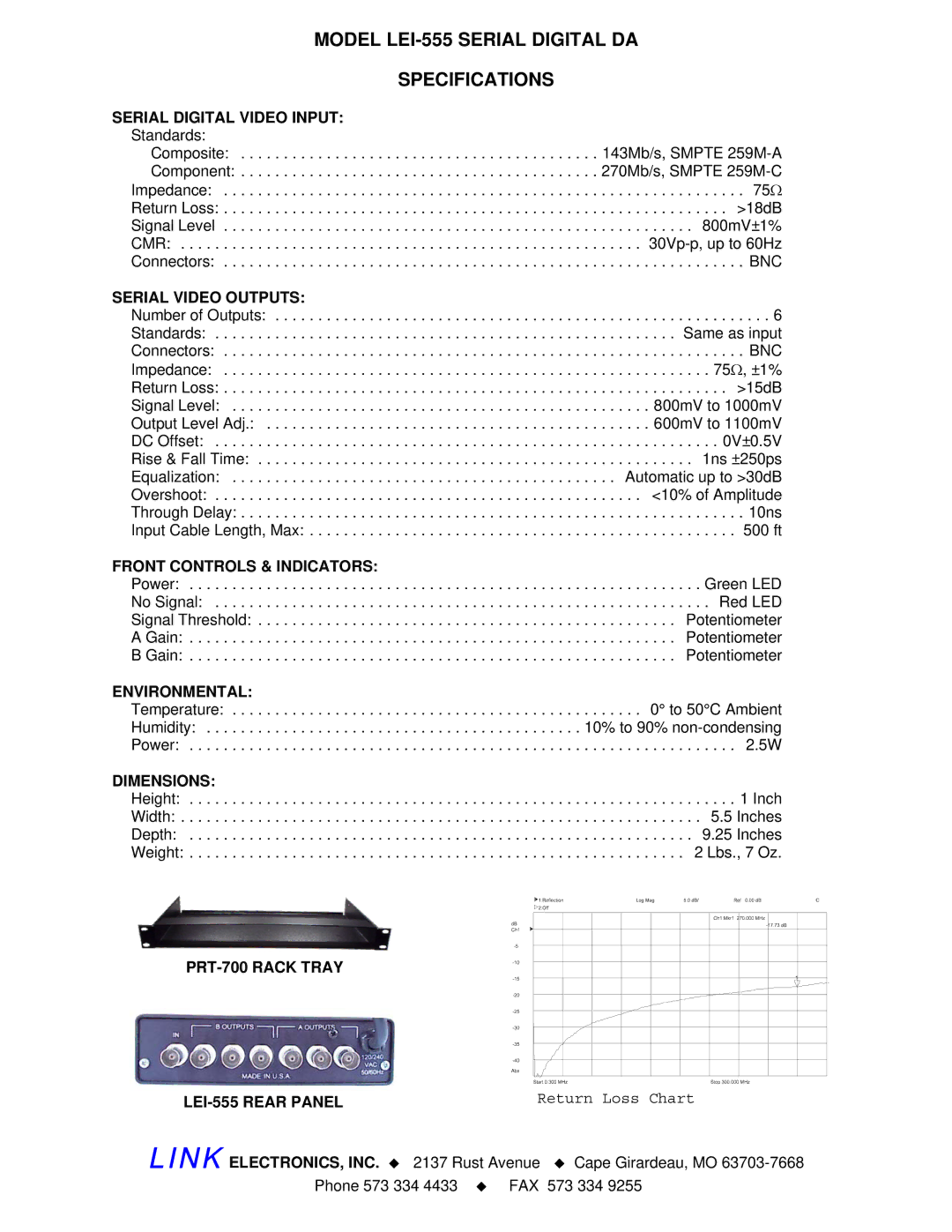 Link electronic warranty Model LEI-555 Serial Digital DA Specifications, Return Loss Chart 