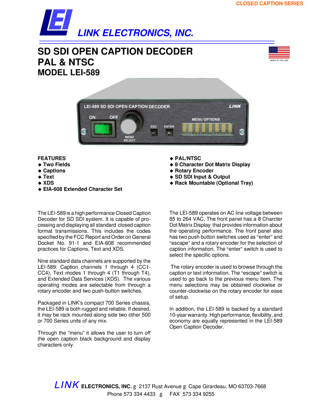 Link electronic LEI-589 warranty Features, ‹ Xds, ‹ Pal/Ntsc 