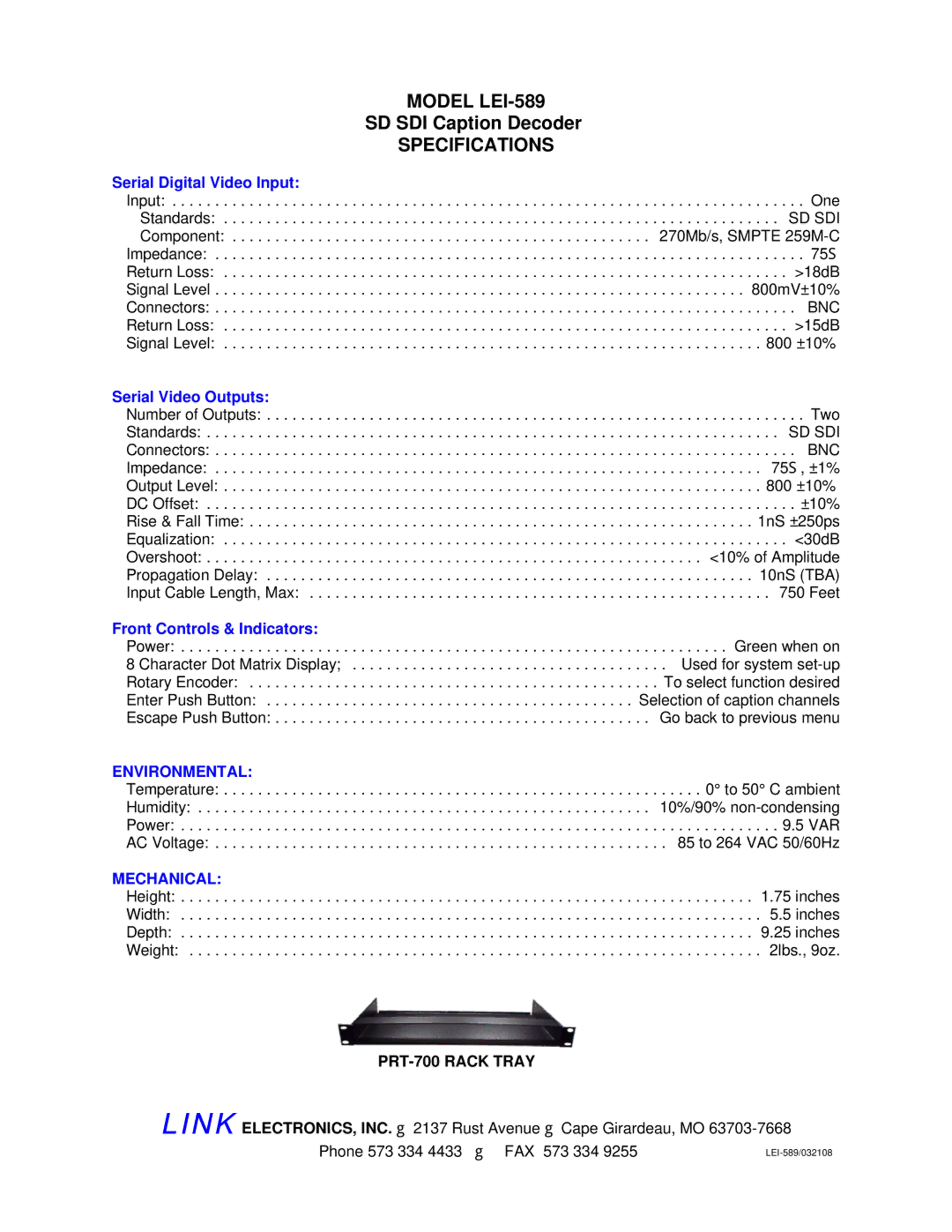 Link electronic LEI-589 warranty Environmental, Mechanical, PRT-700 Rack Tray 