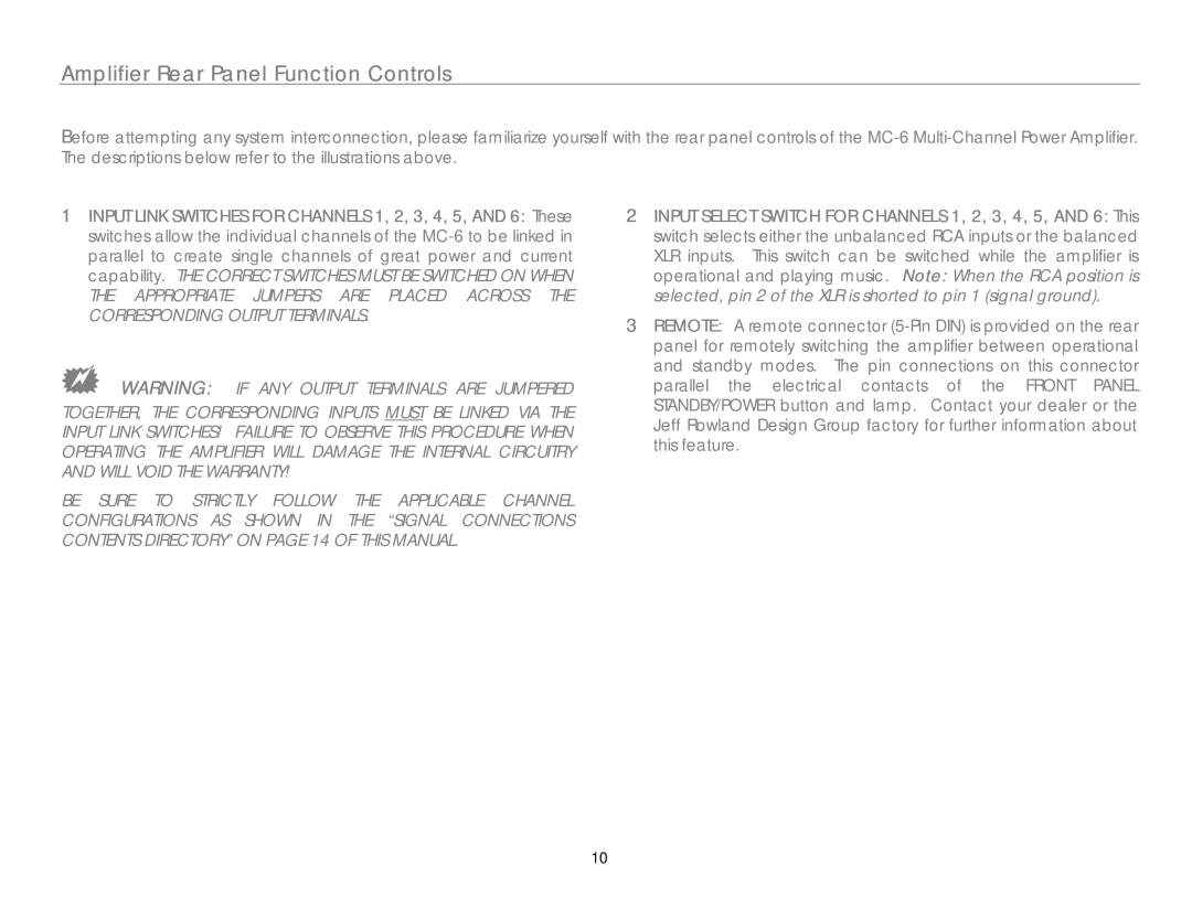 Link electronic MC-6 owner manual + Warning if ANY Output Terminals are Jumpered 