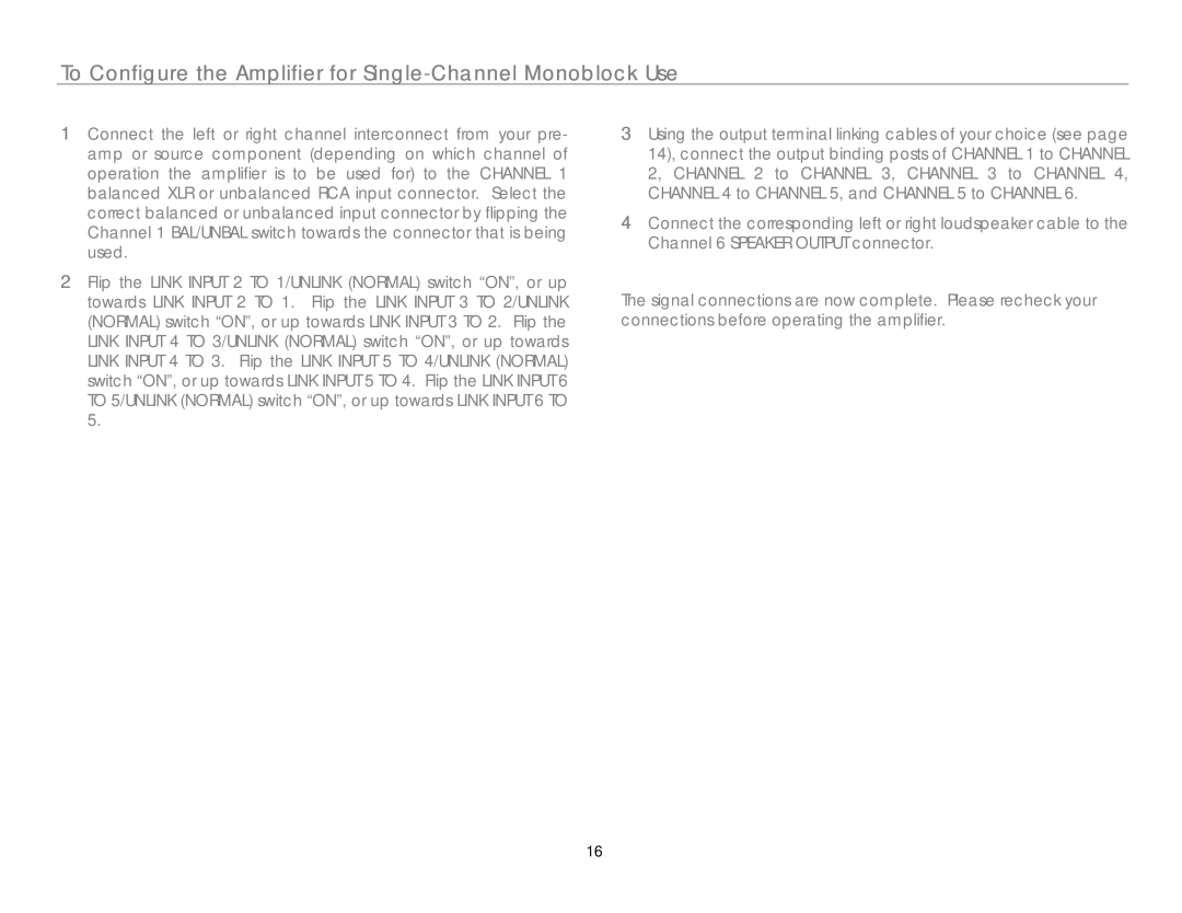 Link electronic MC-6 owner manual To Configure the Amplifier for Single-Channel Monoblock Use 