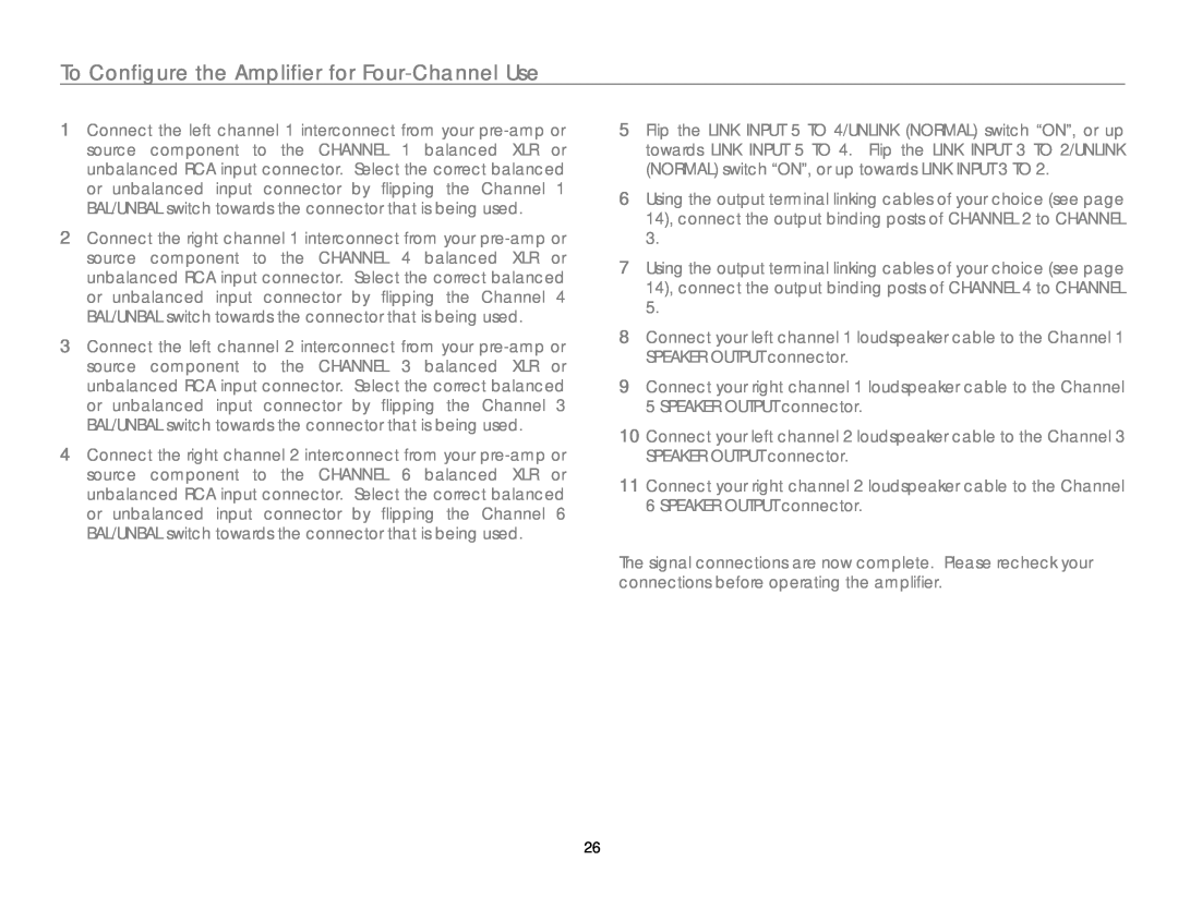 Link electronic MC-6 owner manual To Configure the Amplifier for Four-ChannelUse 