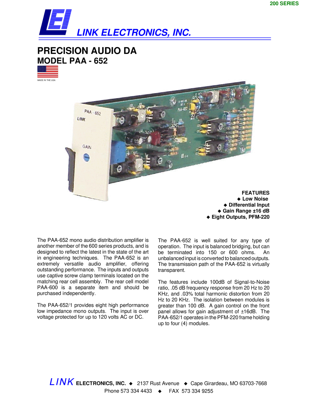 Link electronic PAA - 652 manual Link ELECTRONICS, INC, Precision Audio DA, Model PAA, Features 