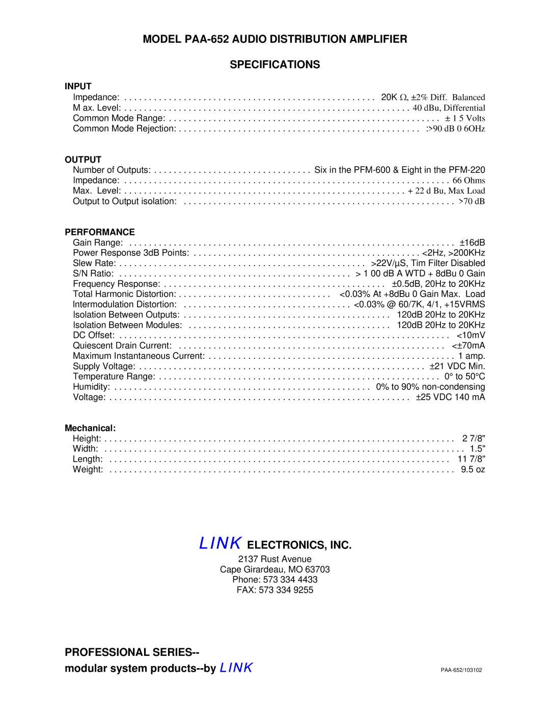 Link electronic PAA - 652 manual Model PAA-652 Audio Distribution Amplifier Specifications, Link ELECTRONICS, INC 