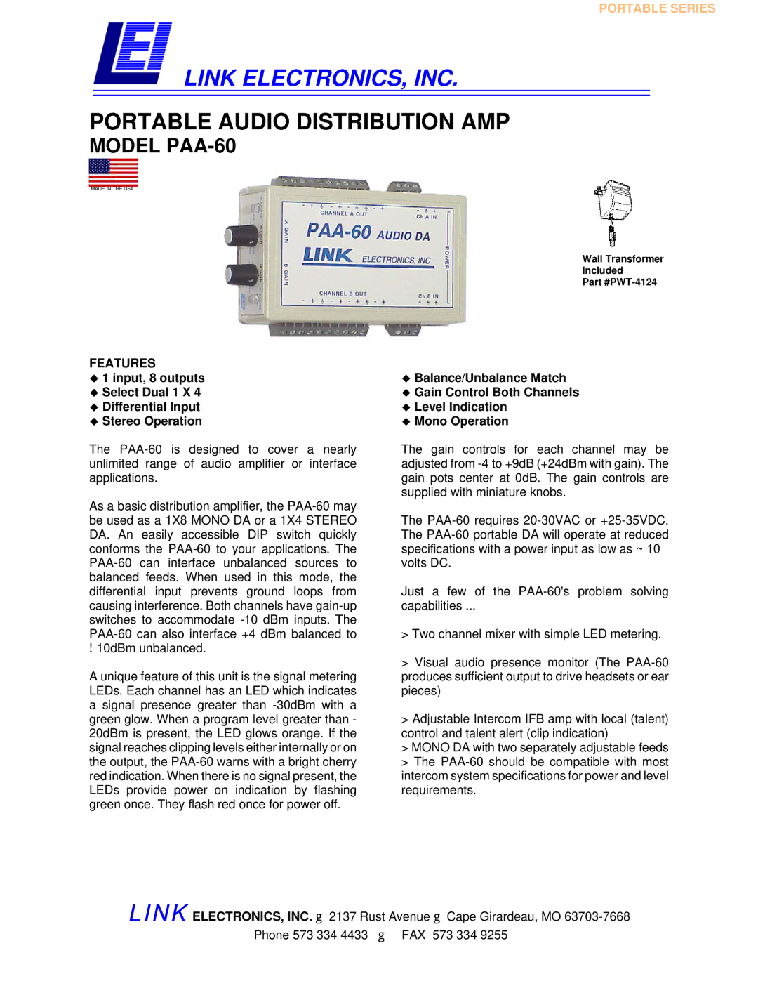 Link electronic PAA-60 specifications Link ELECTRONICS, INC, Features 