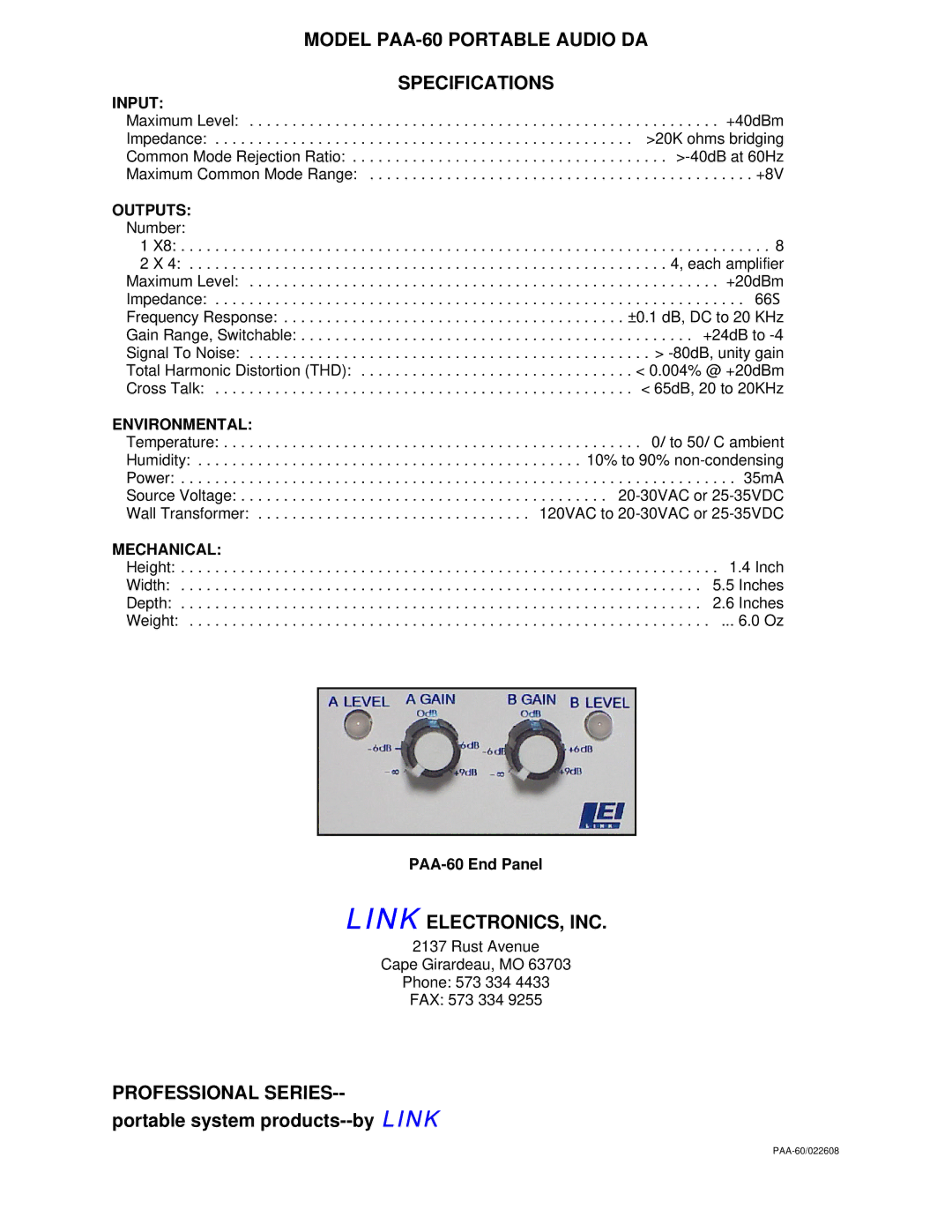 Link electronic PAA-60 specifications Input, Outputs, Environmental, Mechanical 