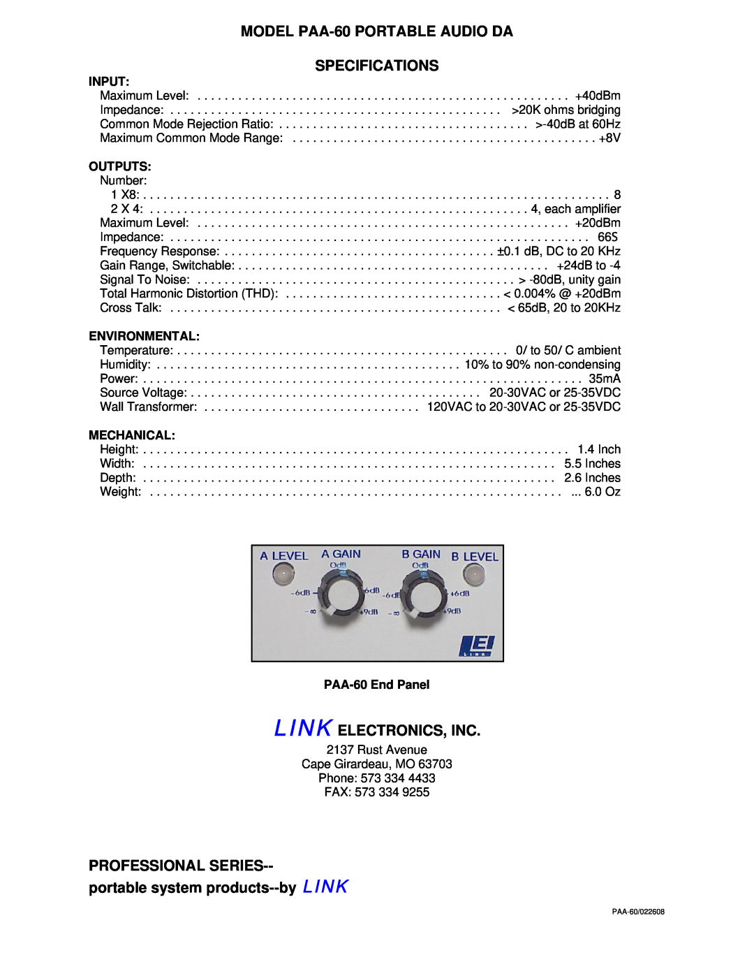 Link electronic Input, Outputs, Environmental, Mechanical, PAA-60End Panel, Link Electronics, Inc, Professional Series 