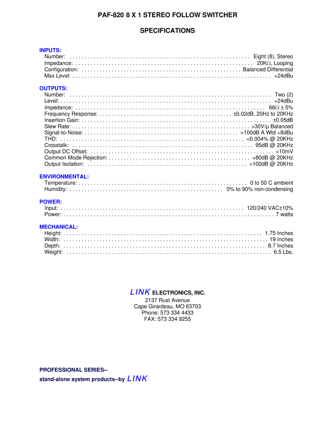 Link electronic manual PAF-820 8 X 1 Stereo Follow Switcher Specifications 