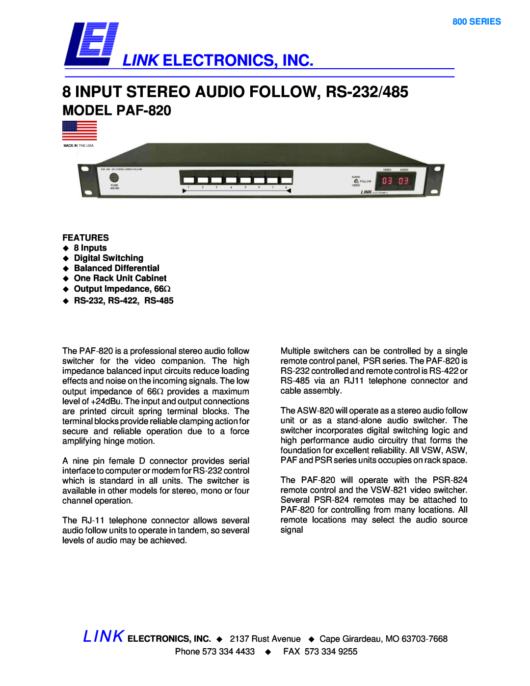 Link electronic PAF-820 manual FEATURES ‹8 Inputs ‹Digital Switching, ‹Balanced Differential ‹One Rack Unit Cabinet 