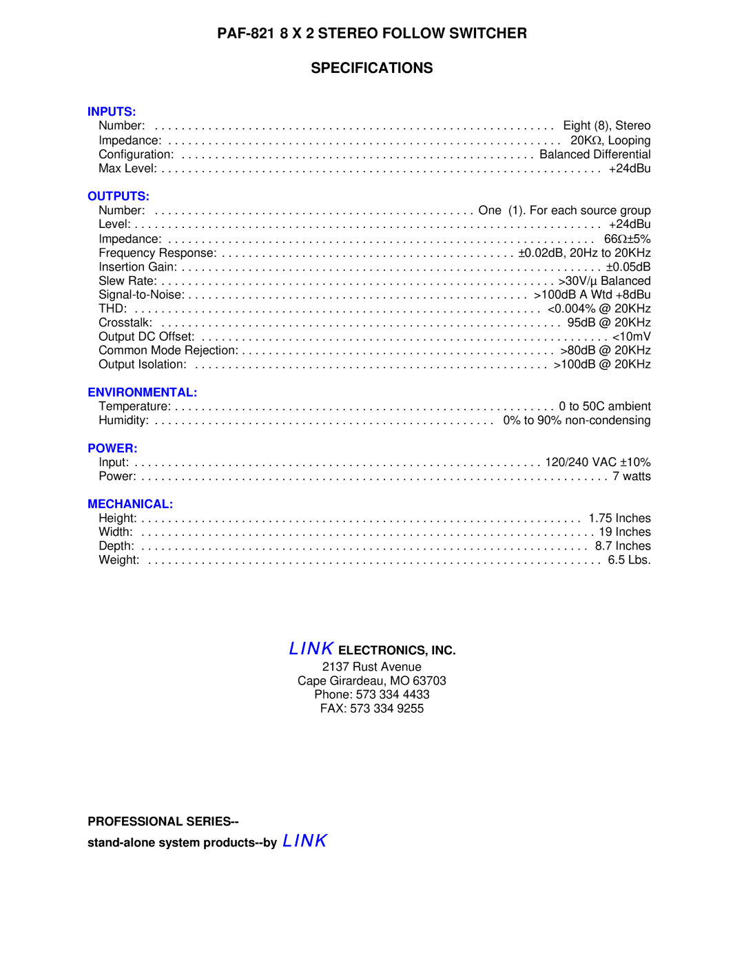 Link electronic manual PAF-821 8 X 2 Stereo Follow Switcher Specifications 