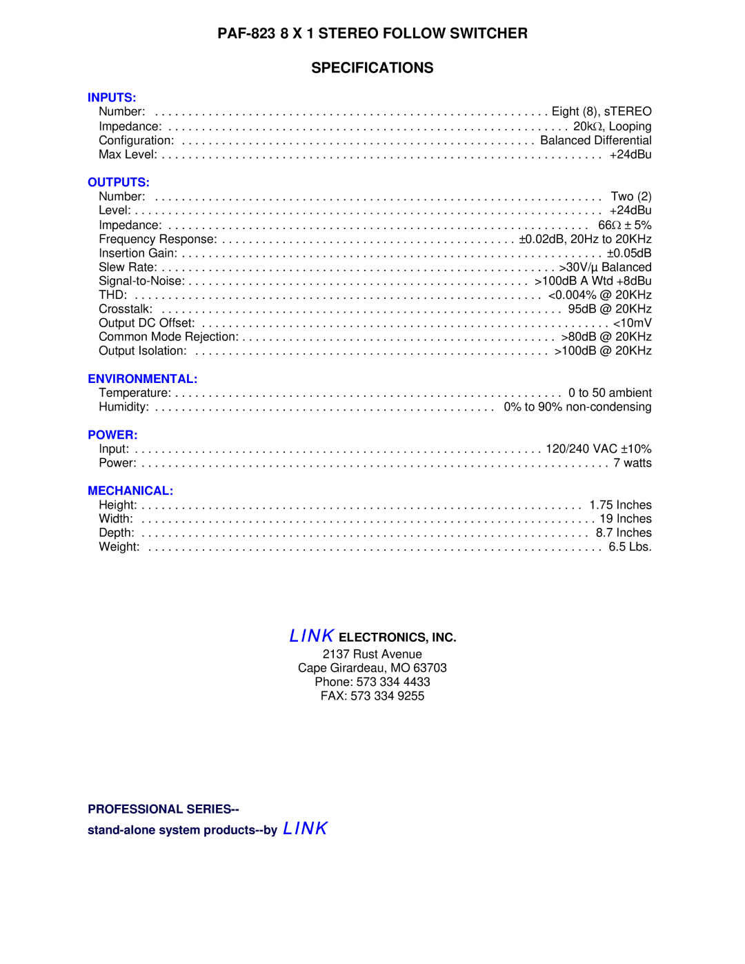 Link electronic manual PAF-823 8 X 1 Stereo Follow Switcher Specifications 