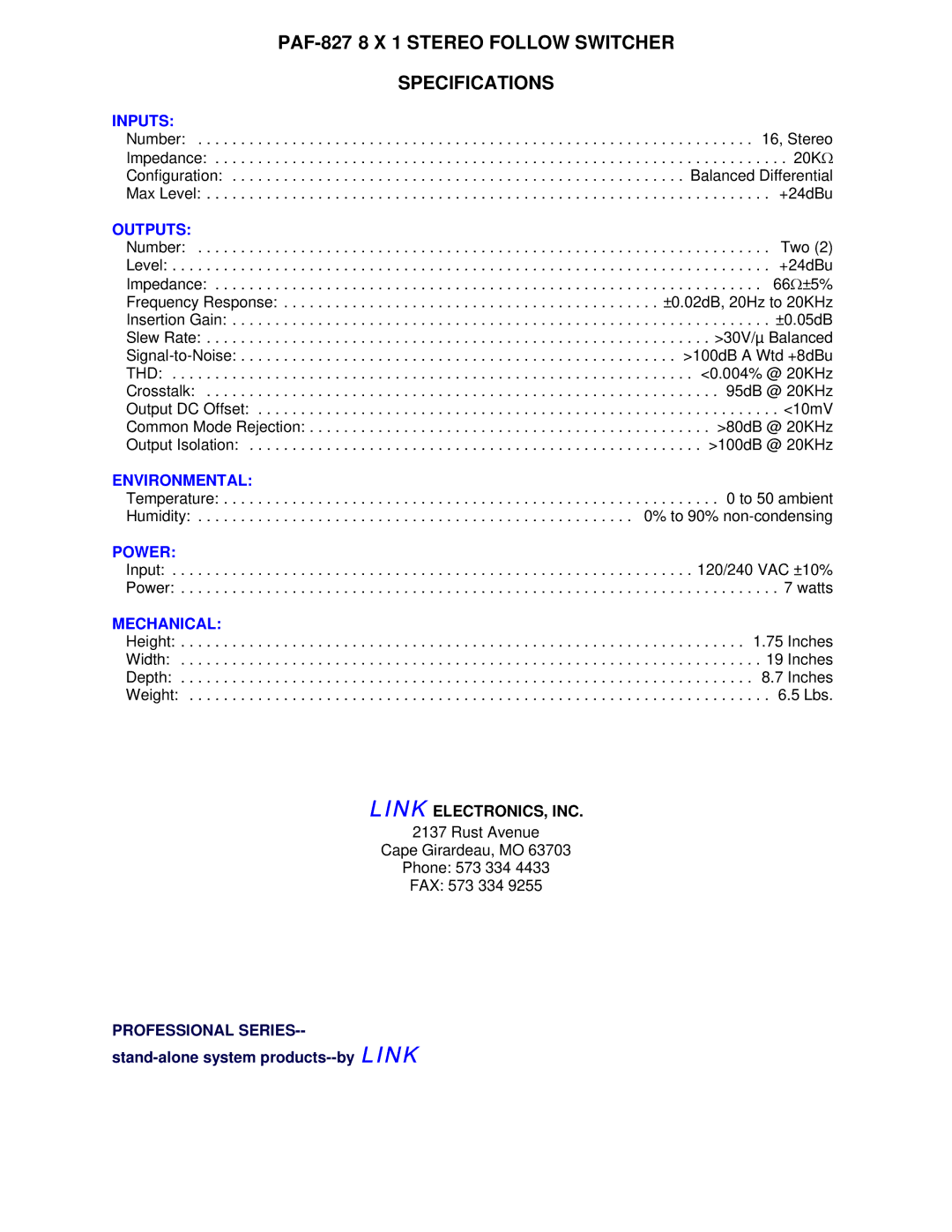 Link electronic manual PAF-827 8 X 1 Stereo Follow Switcher Specifications 